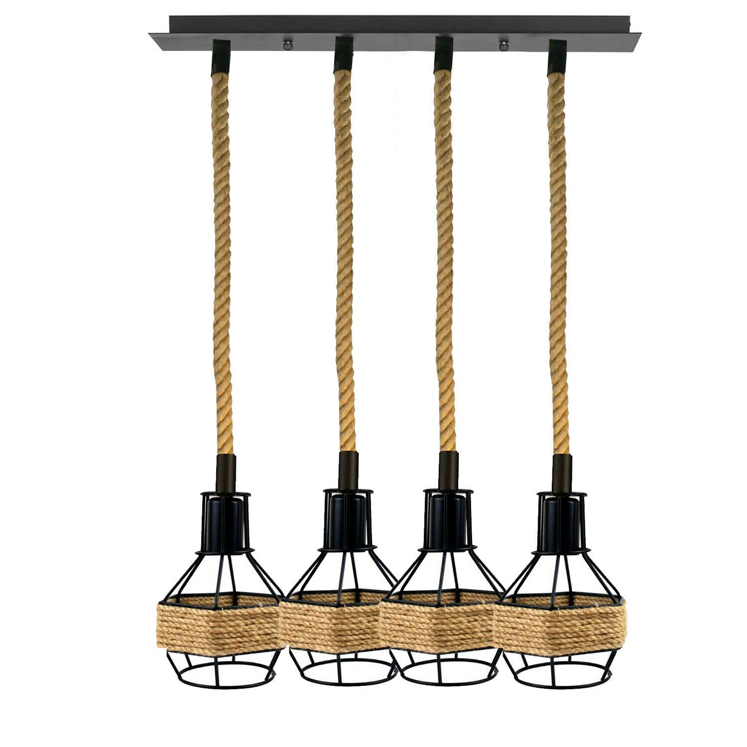 Vintage Industrial E27 4 Heads Hemp Rope Pendant Ceiling Light featuring a black metal base and natural hemp rope, ideal for retro decor.
