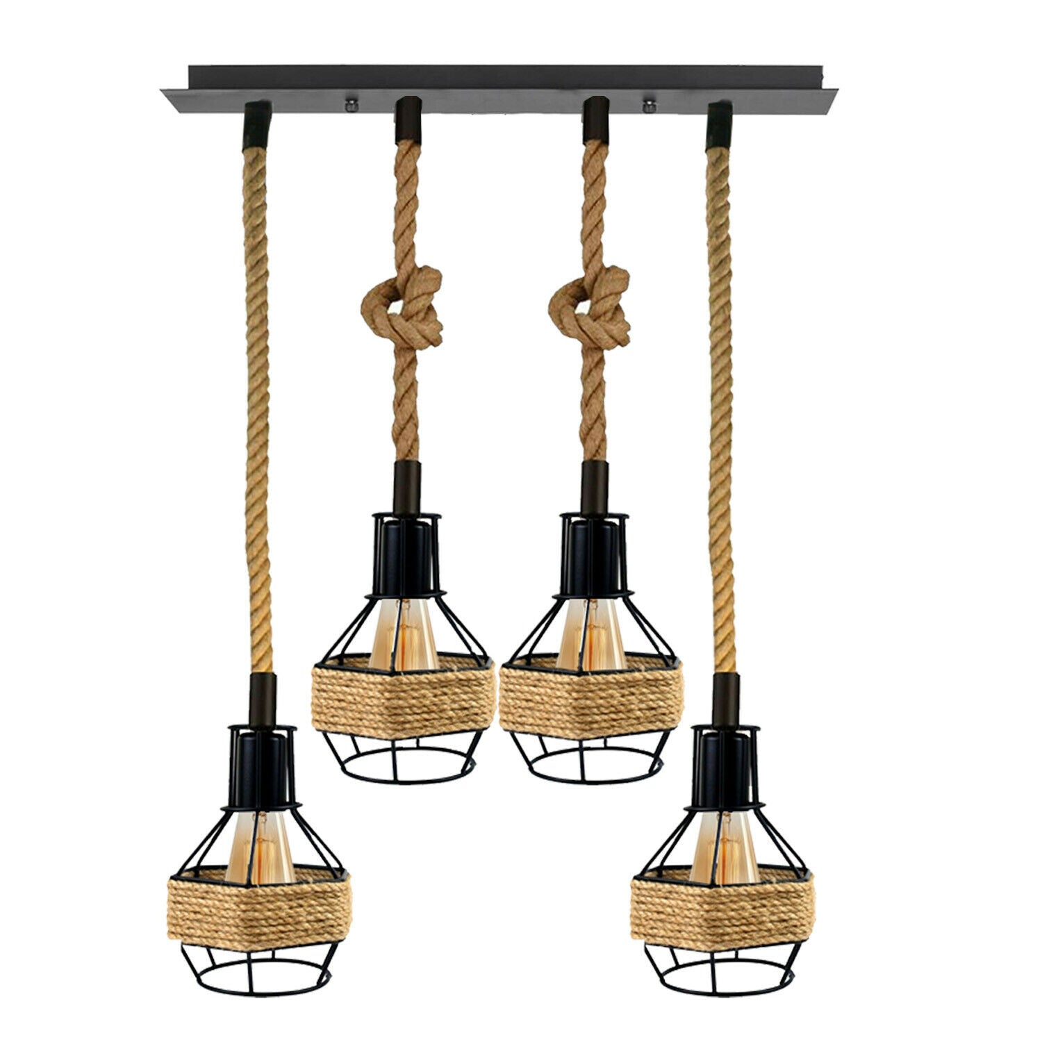 Vintage Industrial E27 4 Heads Hemp Rope Pendant Ceiling Light featuring a black metal base and natural hemp rope, ideal for retro decor.