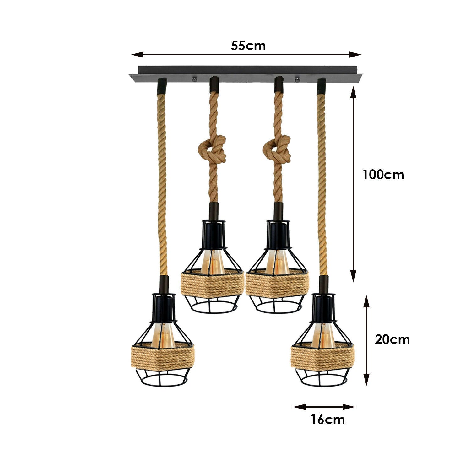 Vintage Industrial E27 4 Heads Hemp Rope Pendant Ceiling Light featuring a black metal base and natural hemp rope, ideal for retro decor.