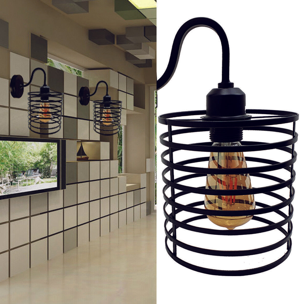 Vintage Industrial E27 Base Wall Light Sconce Lamp with metal cage design, perfect for rustic home decor.