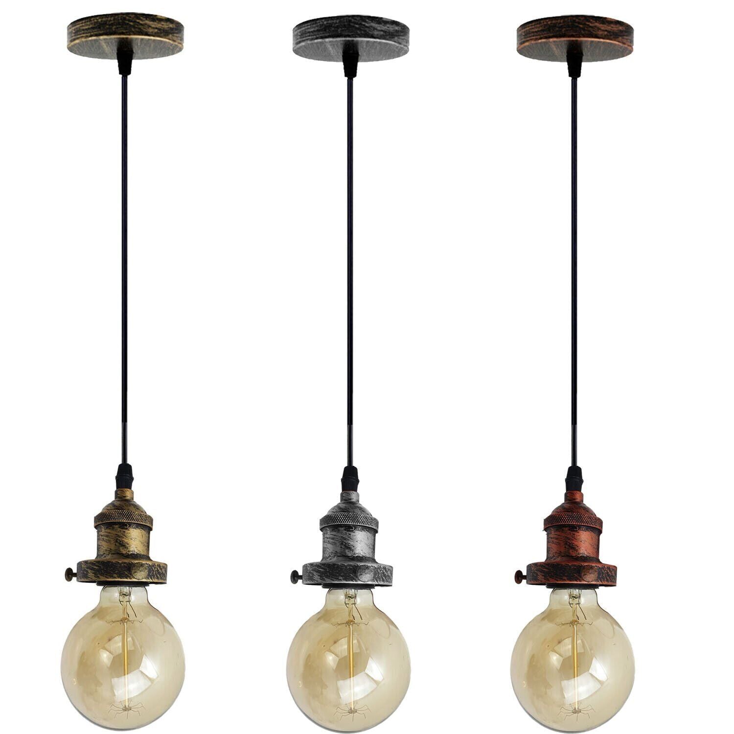 Vintage Industrial Metal Pendant Lamp Holder in rustic red, brushed copper, and brushed silver finishes, showcasing its stylish design and E26 bulb compatibility.
