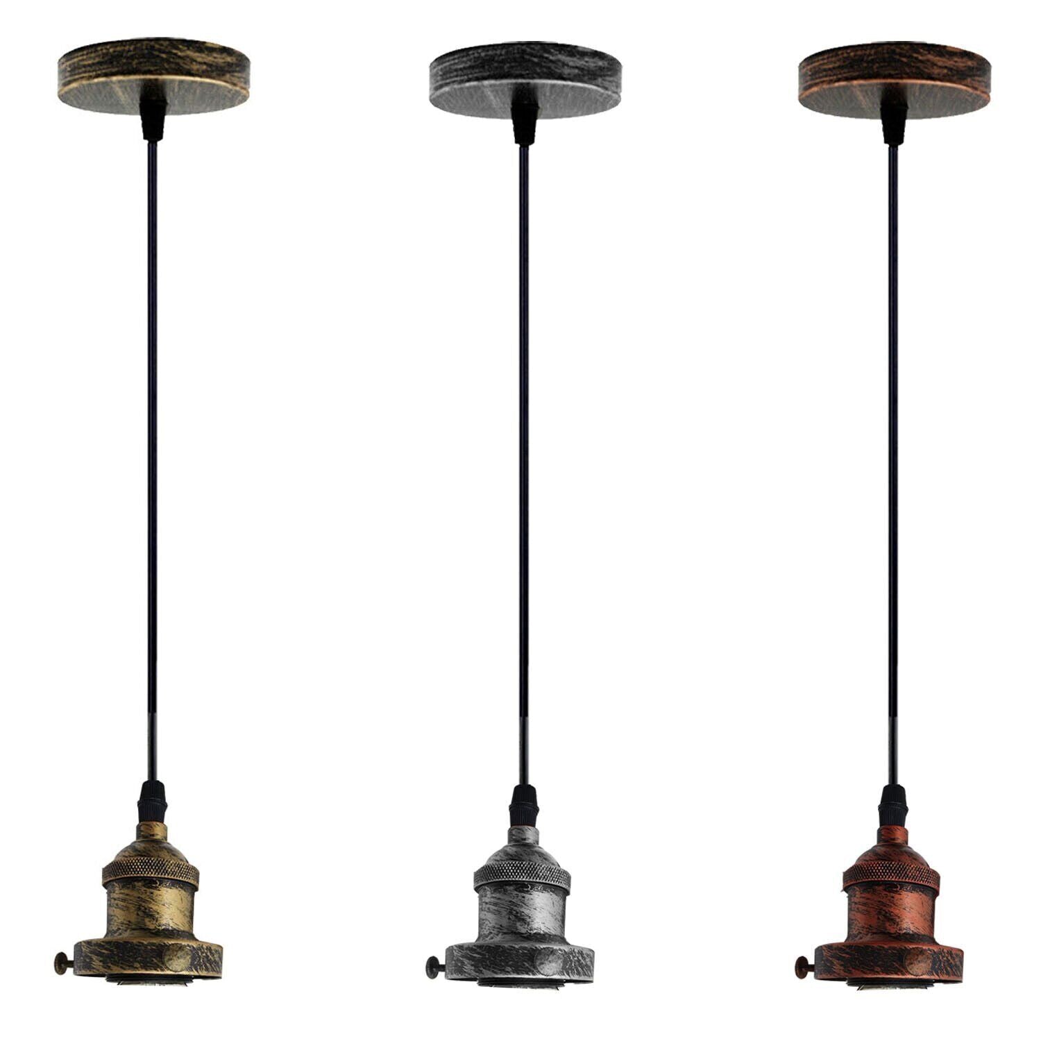 Vintage Industrial Metal Pendant Lamp Holder in rustic red, brushed copper, and brushed silver finishes, showcasing its stylish design and E26 bulb compatibility.