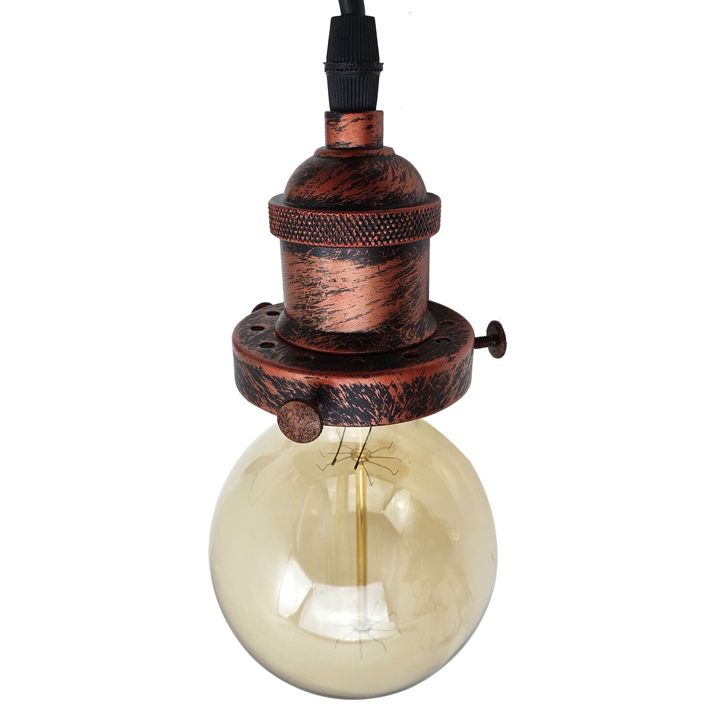 Vintage Industrial Metal Pendant Lamp Holder in rustic red, brushed copper, and brushed silver finishes, showcasing its stylish design and E26 bulb compatibility.