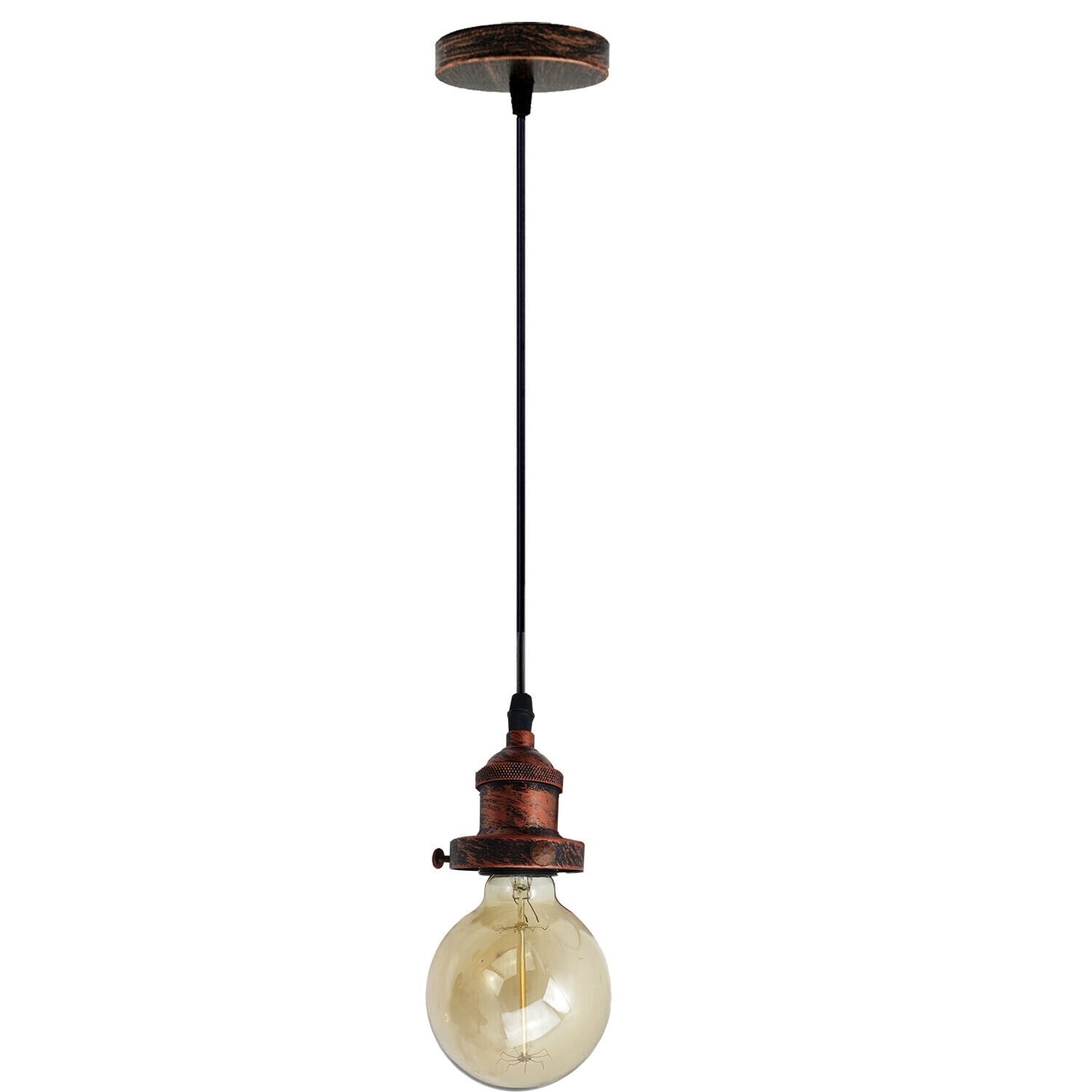 Vintage Industrial Metal Pendant Lamp Holder in rustic red, brushed copper, and brushed silver finishes, showcasing its stylish design and E26 bulb compatibility.