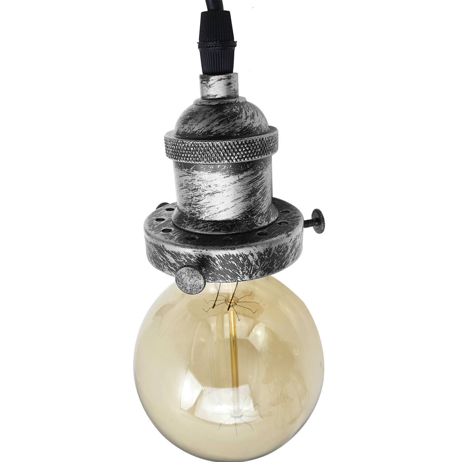 Vintage Industrial Metal Pendant Lamp Holder in rustic red, brushed copper, and brushed silver finishes, showcasing its stylish design and E26 bulb compatibility.