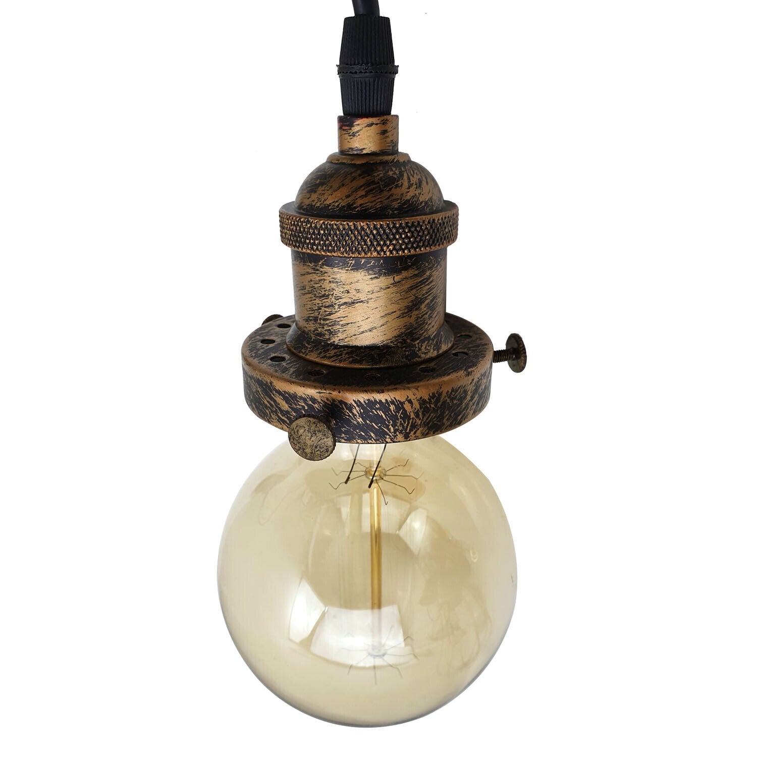 Vintage Industrial Metal Pendant Lamp Holder in rustic red, brushed copper, and brushed silver finishes, showcasing its stylish design and E26 bulb compatibility.