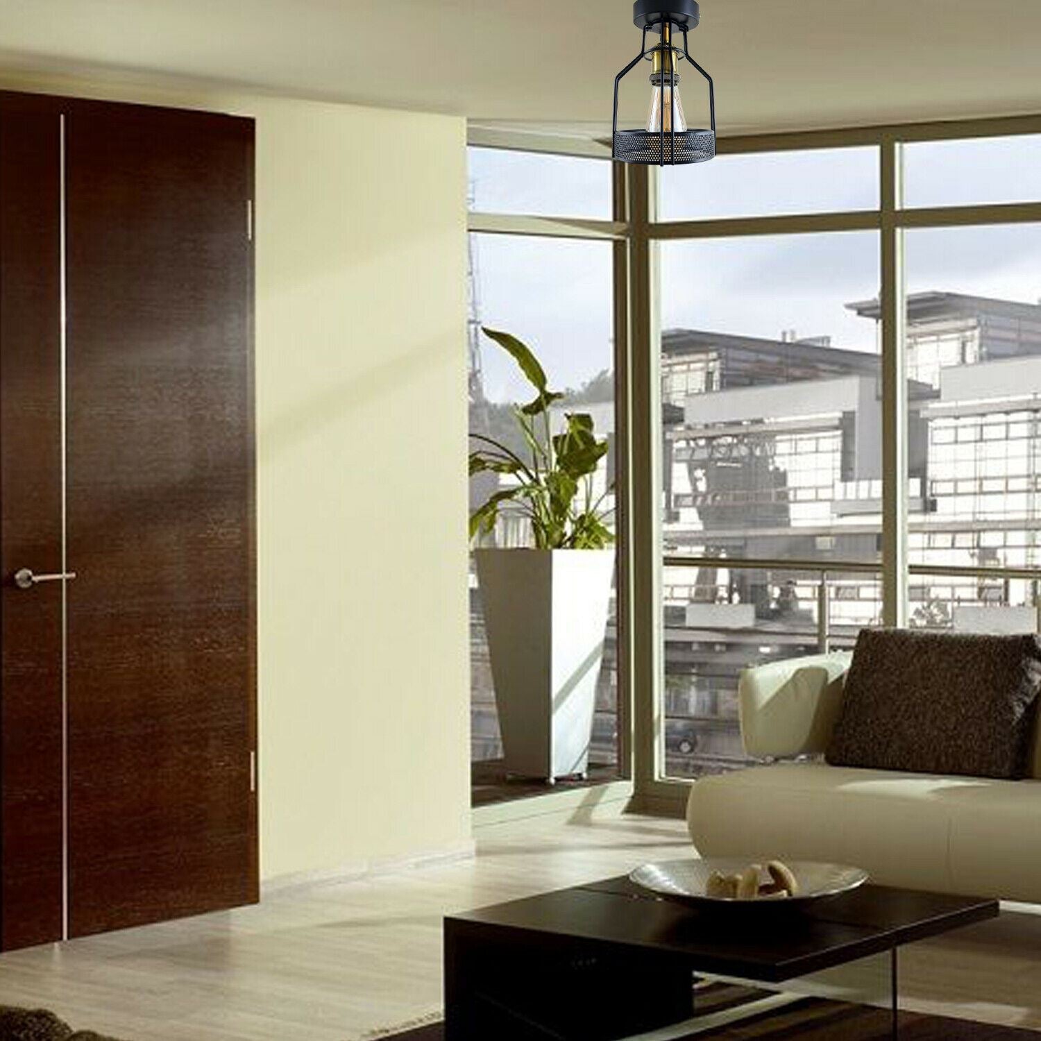 Vintage Industrial Semi Flush Mount Cage Light in black metal, showcasing its unique cage design and E27 lamp base.