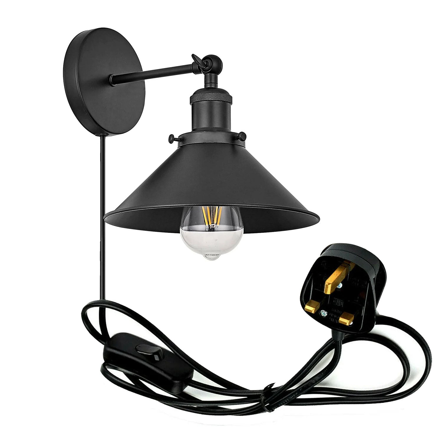 Vintage Metal Retro Modern Plug In Wall Sconce Light Fitting showcasing industrial design with a metal shade and included bulb.