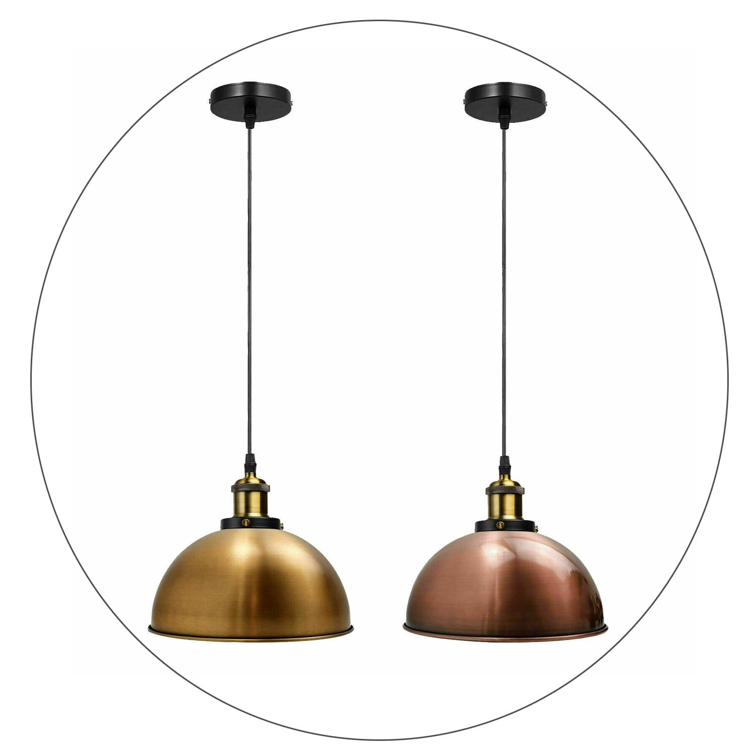 Vintage Modern Ceiling Pendant Light with metal dome shade in copper and yellow brass finishes, hanging indoors.