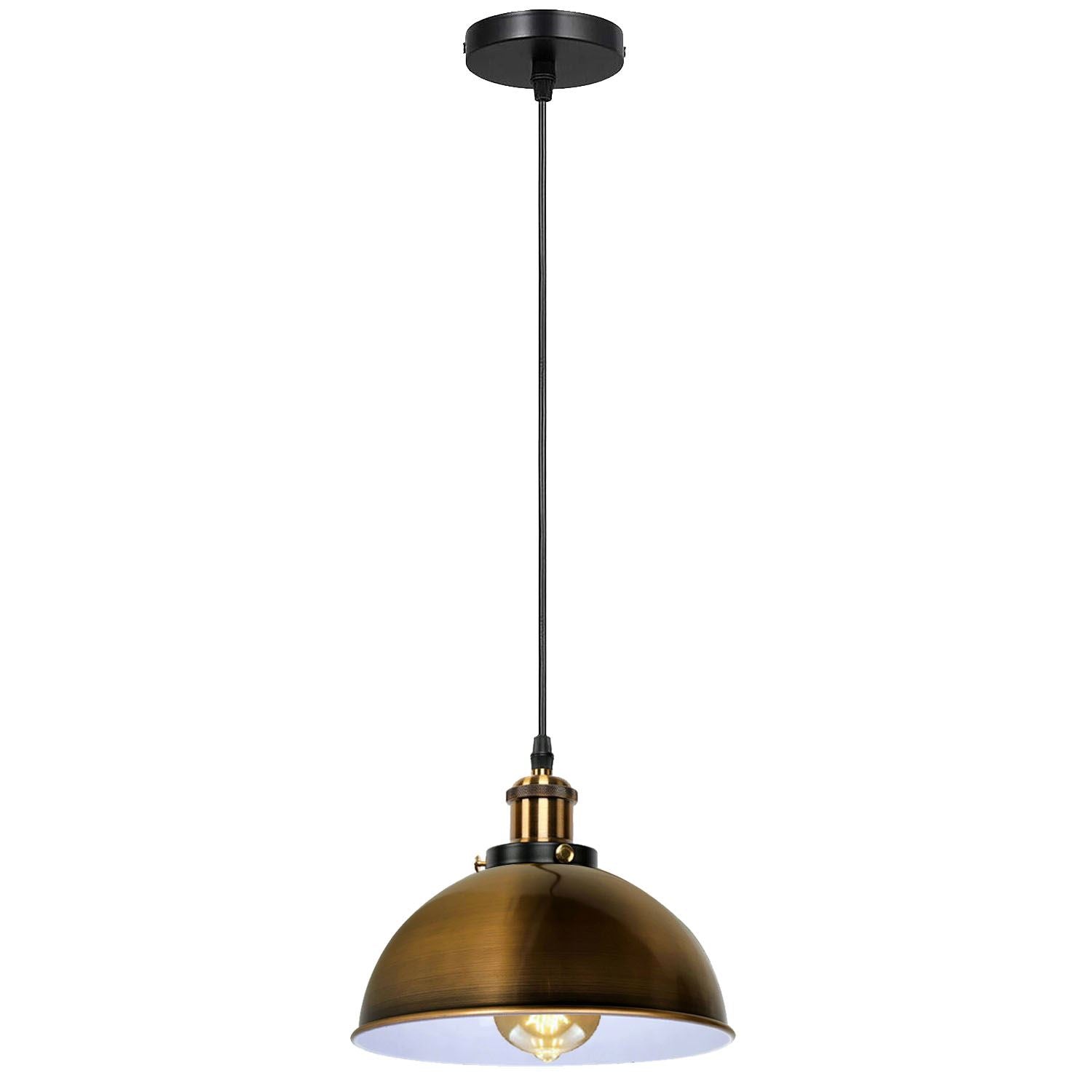 Vintage Modern Ceiling Pendant Light with metal dome shade in copper and yellow brass finishes, hanging indoors.