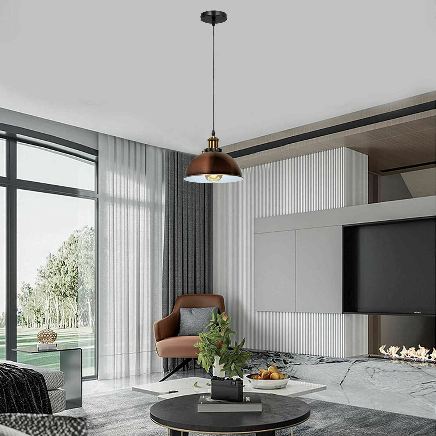 Vintage Modern Ceiling Pendant Light with metal dome shade in copper and yellow brass finishes, hanging indoors.