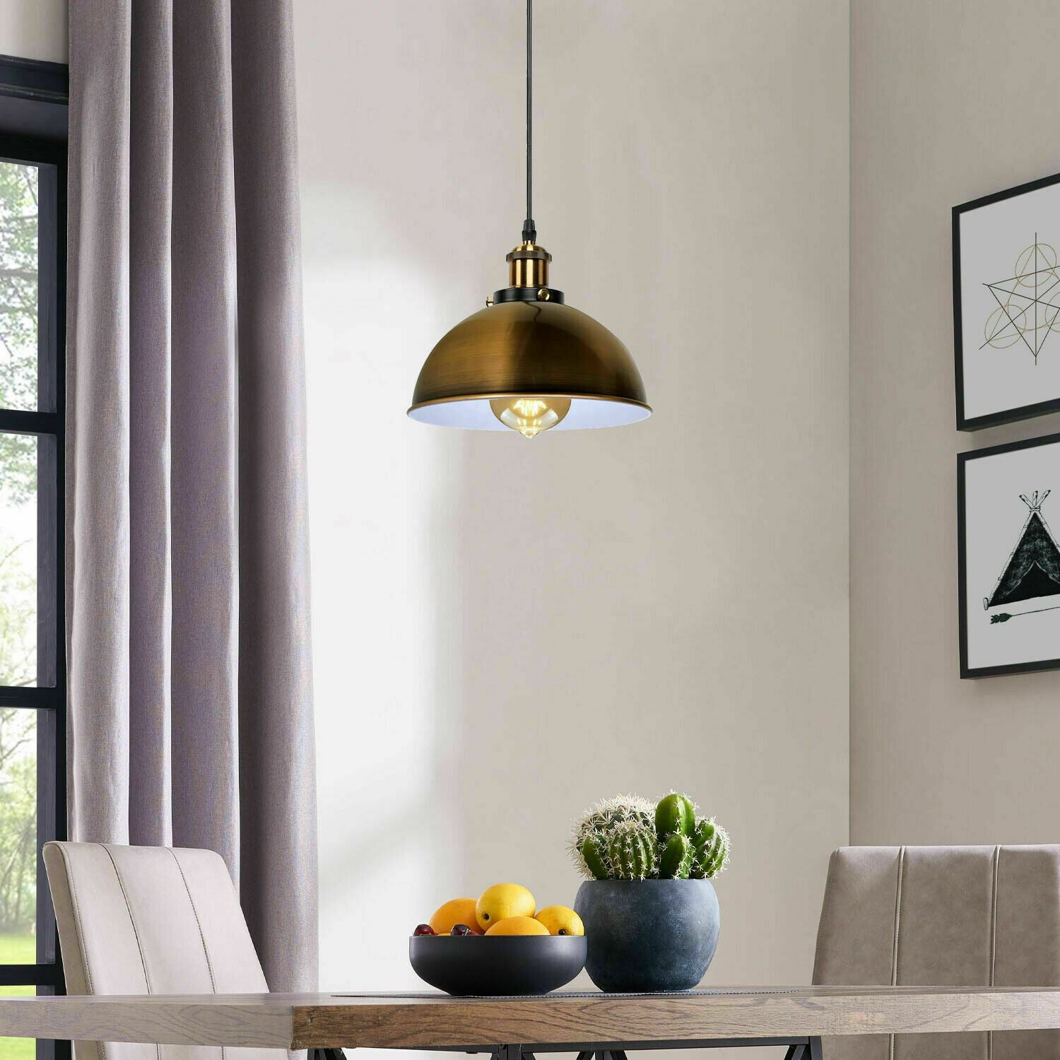 Vintage Modern Ceiling Pendant Light with metal dome shade in copper and yellow brass finishes, hanging indoors.
