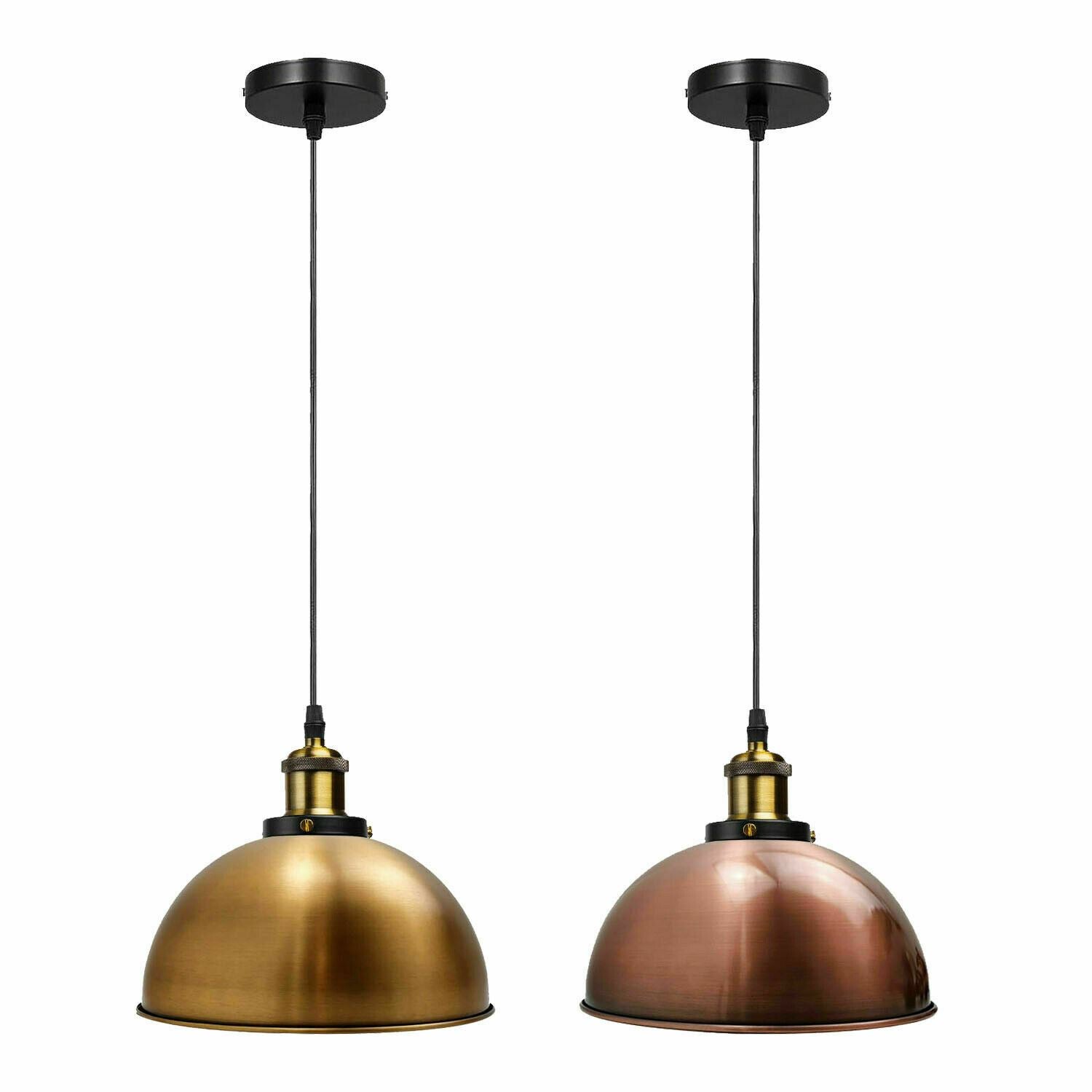 Vintage Modern Ceiling Pendant Light with metal dome shade in copper and yellow brass finishes, hanging indoors.