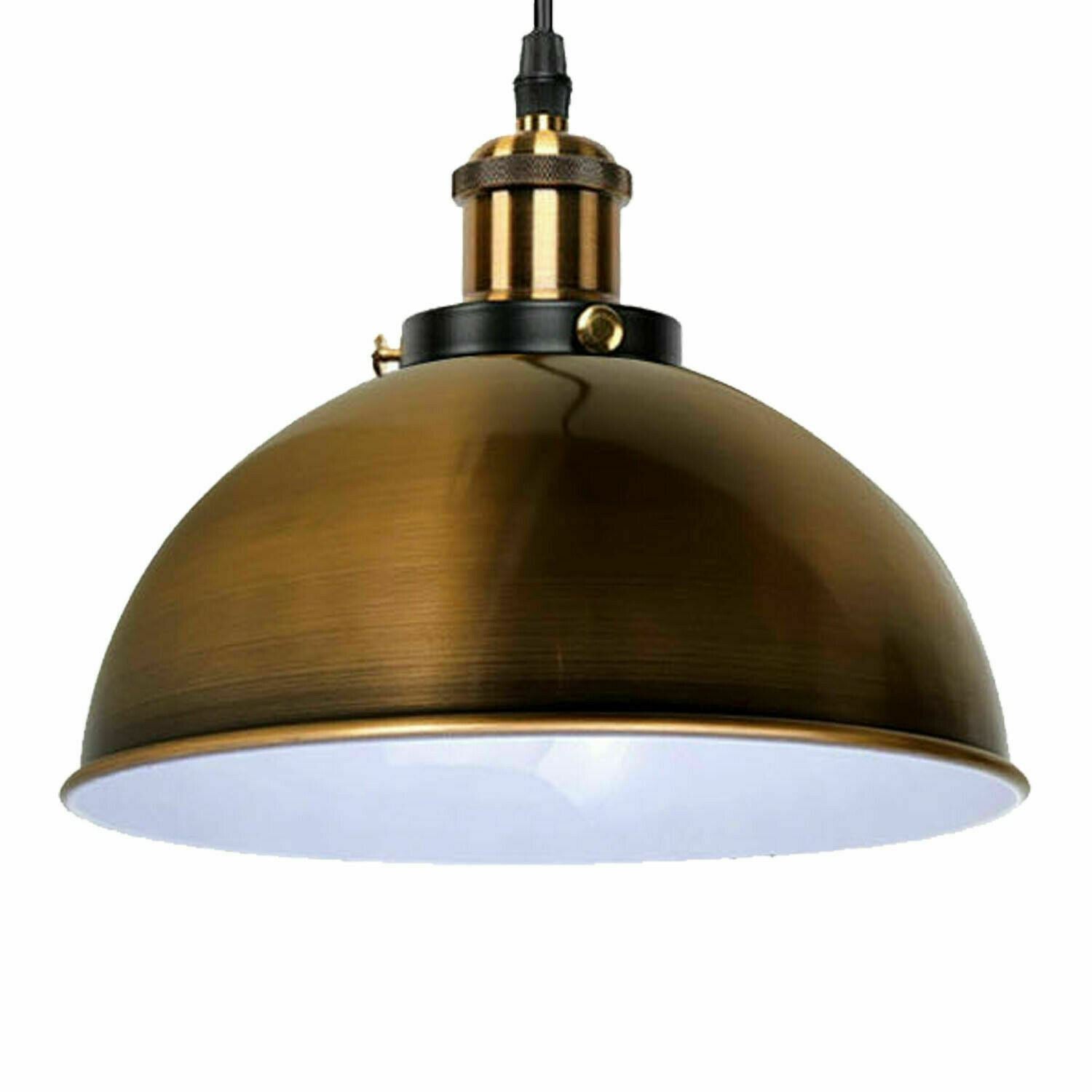 Vintage Modern Ceiling Pendant Light with metal dome shade in copper and yellow brass finishes, hanging indoors.