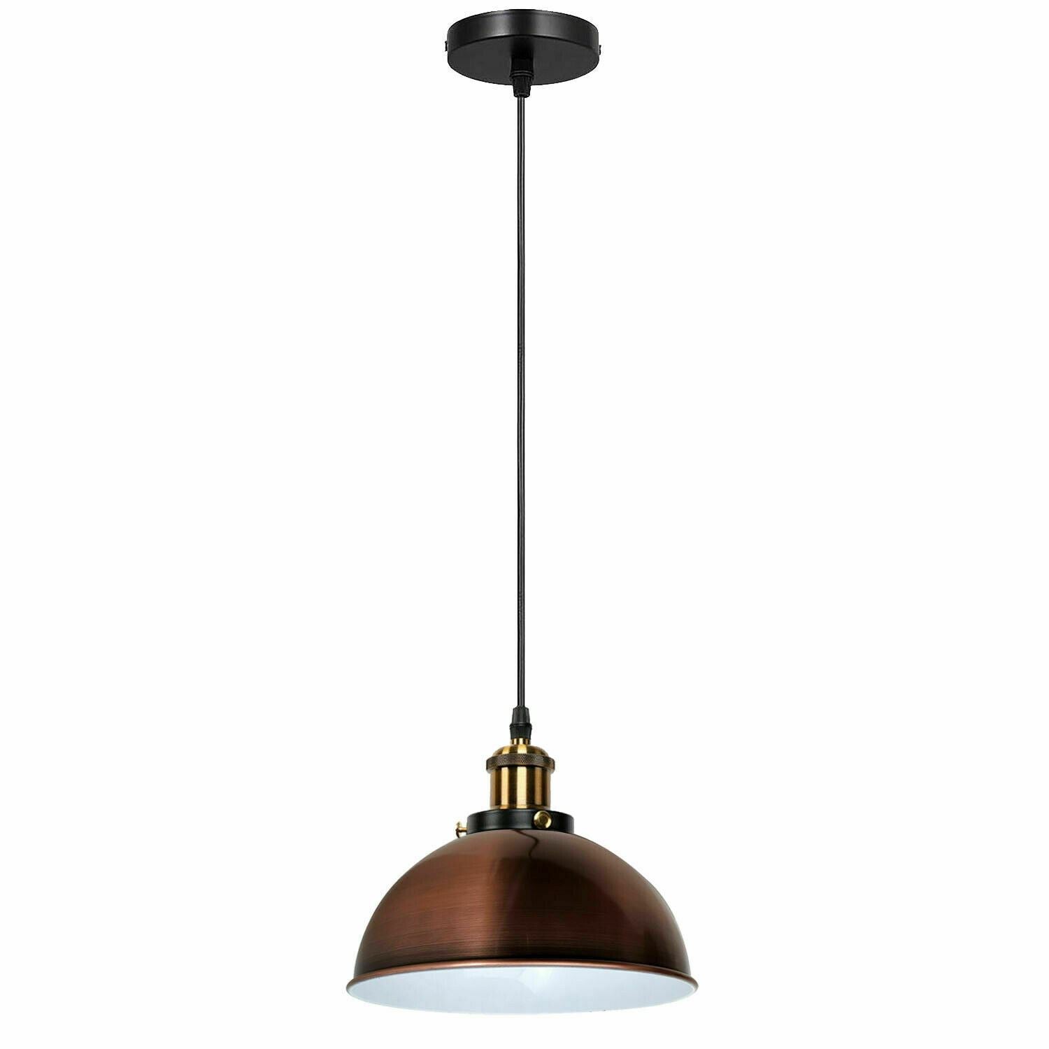 Vintage Modern Ceiling Pendant Light with metal dome shade in copper and yellow brass finishes, hanging indoors.