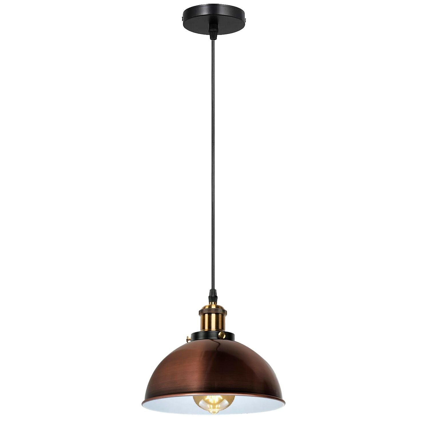 Vintage Modern Ceiling Pendant Light with metal dome shade in copper and yellow brass finishes, hanging indoors.