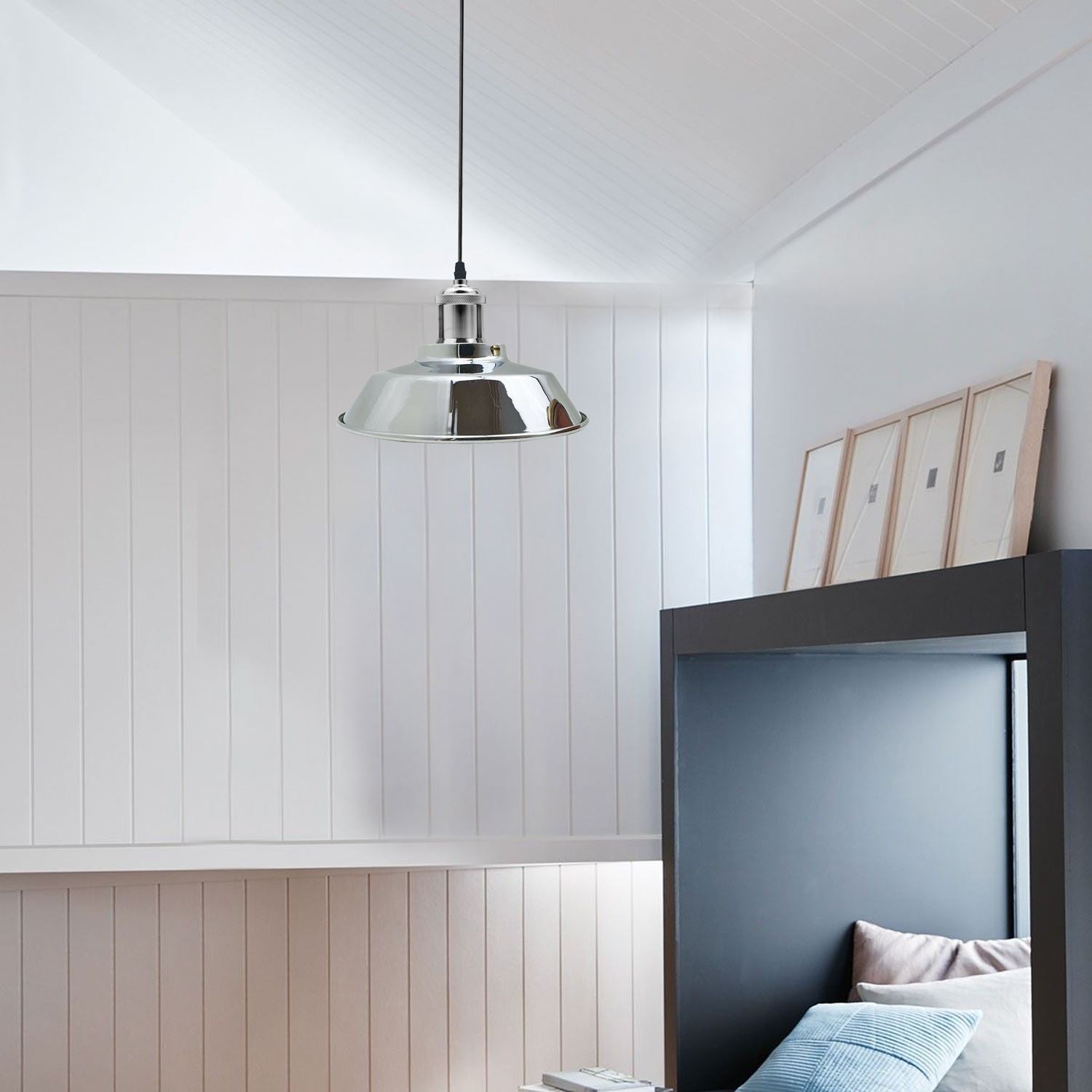 Vintage Modern Industrial Ceiling Lamp Shade Pendant Light in satin nickel finish, showcasing its retro design and adjustable features.