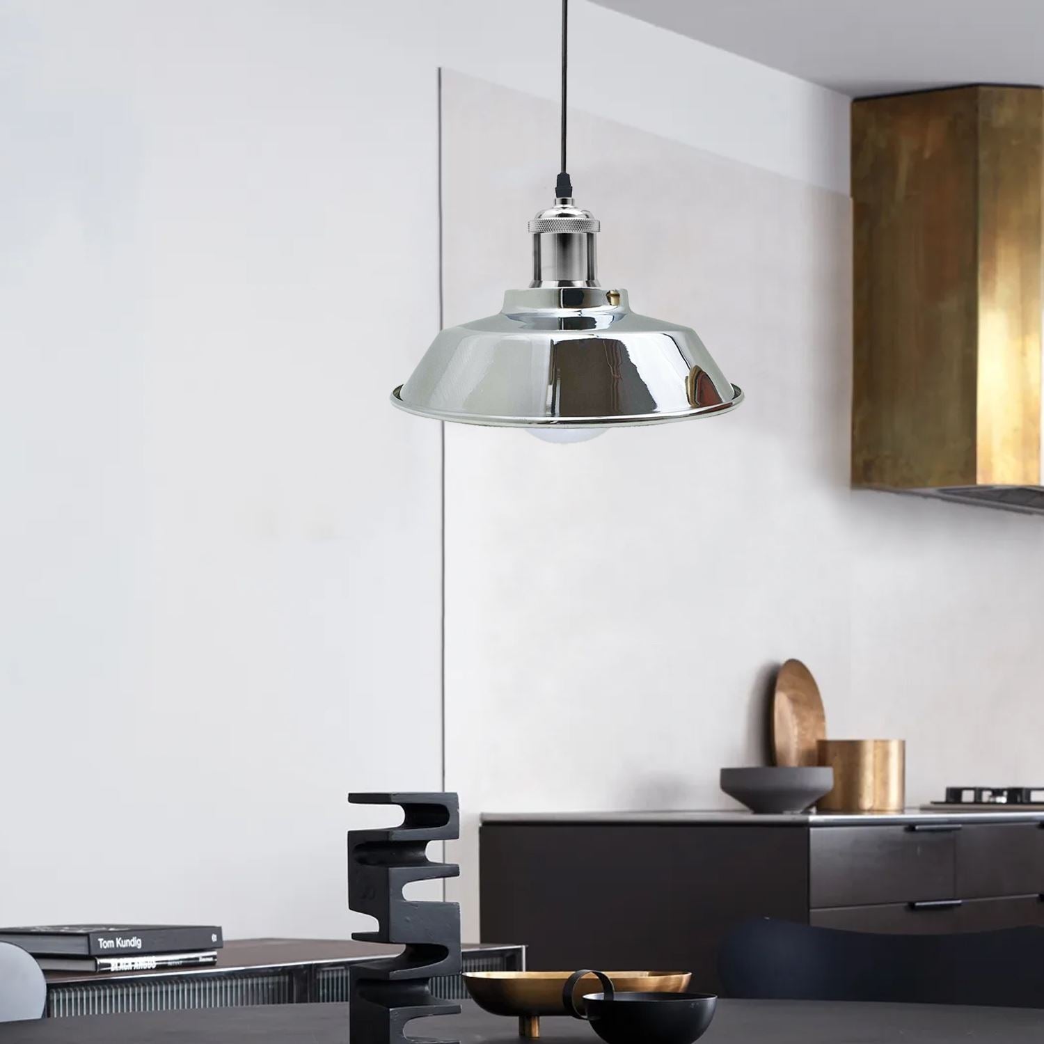 Vintage Modern Industrial Ceiling Lamp Shade Pendant Light in satin nickel finish, showcasing its retro design and adjustable features.