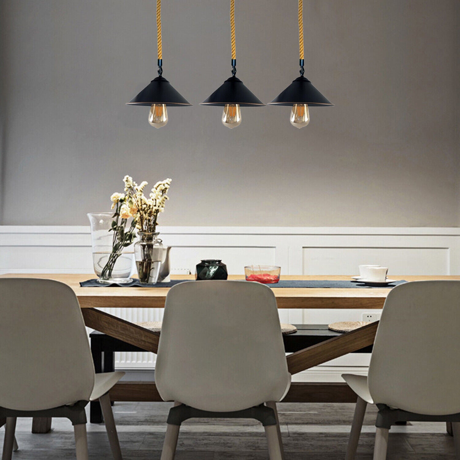 Vintage Retro Industrial Loft Cone Pendant Light made of hemp rope with three heads, showcasing a rustic design suitable for home decor.