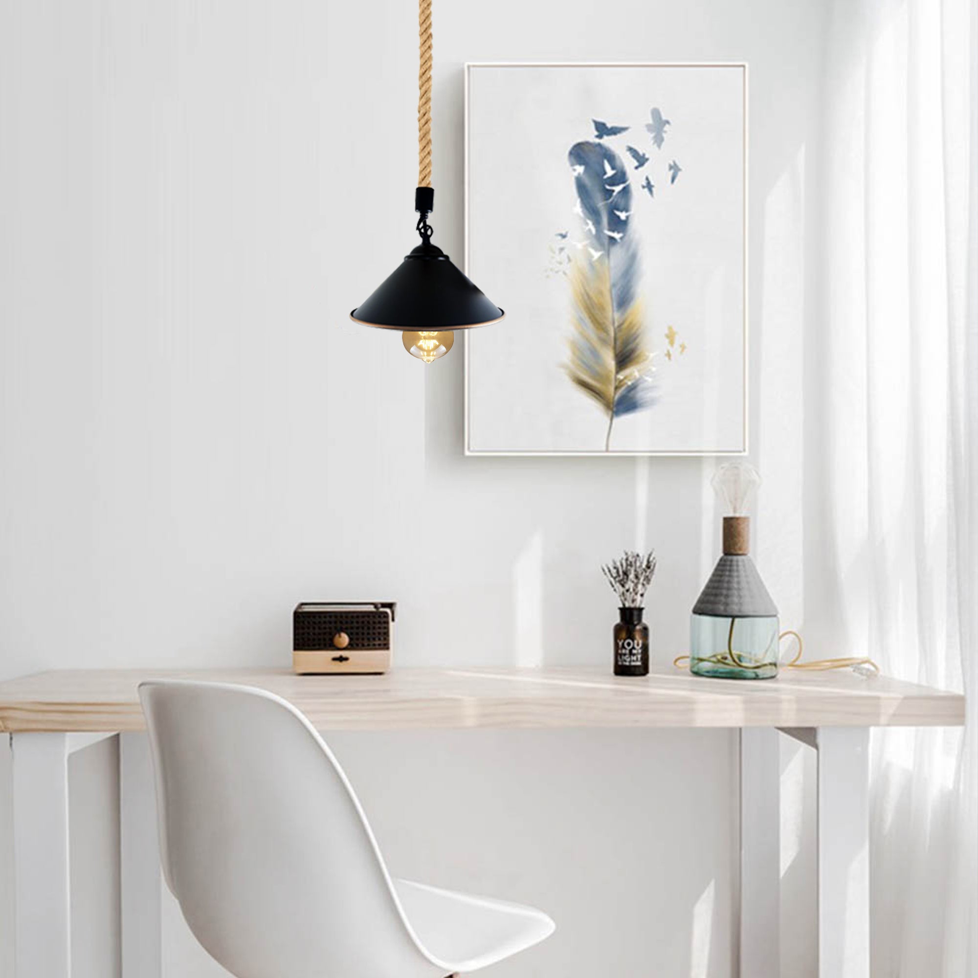 Vintage Retro Industrial Loft Cone Pendant Light made of hemp rope, featuring a unique cone shape and rustic design, ideal for home decor.