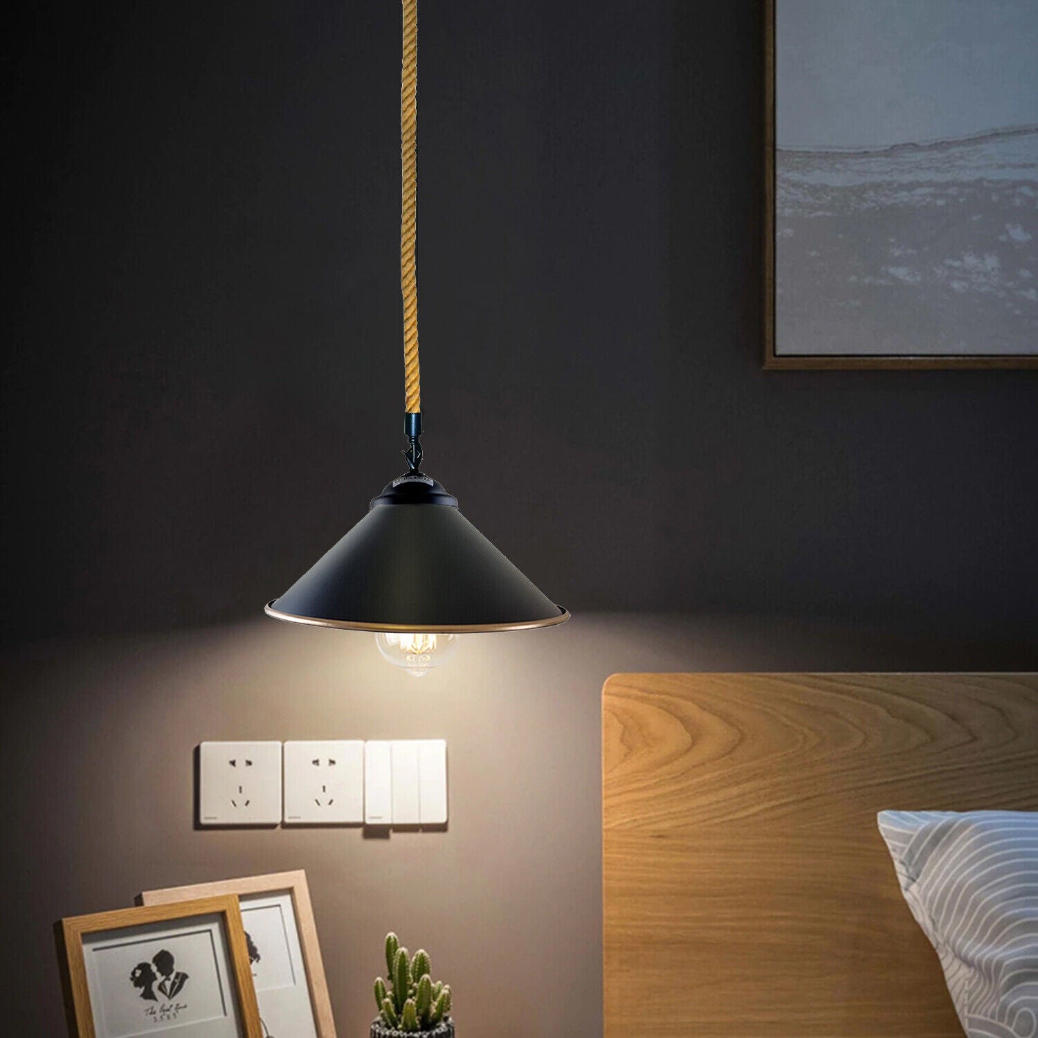 Vintage Retro Industrial Loft Cone Pendant Light made of hemp rope, featuring a unique cone shape and rustic design, ideal for home decor.