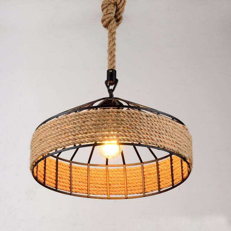Vintage Retro Industrial Loft Pendant Light featuring hemp rope and iron design, ideal for stylish indoor lighting.
