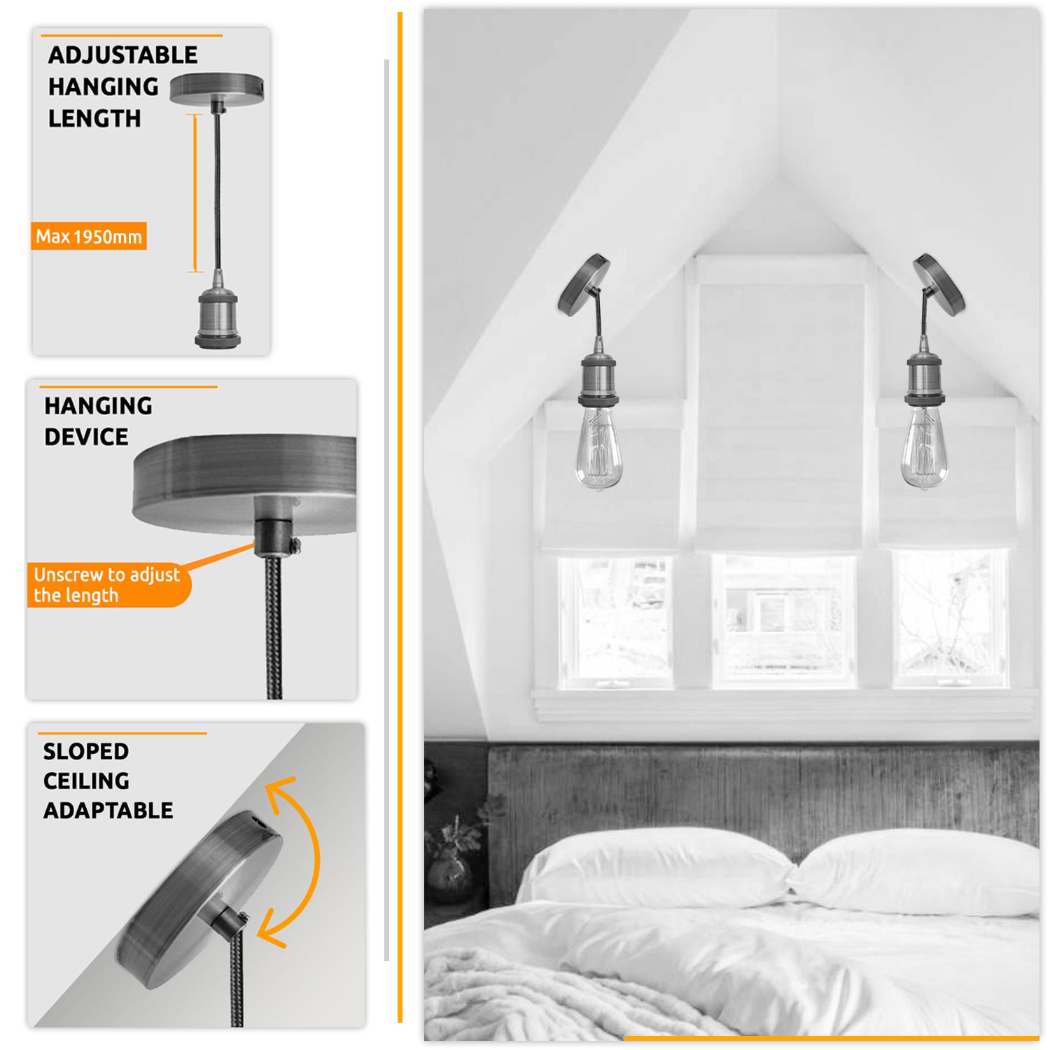 Vintage white metal ceiling fitting with black and white braided flex, showcasing a stylish pendant light design.