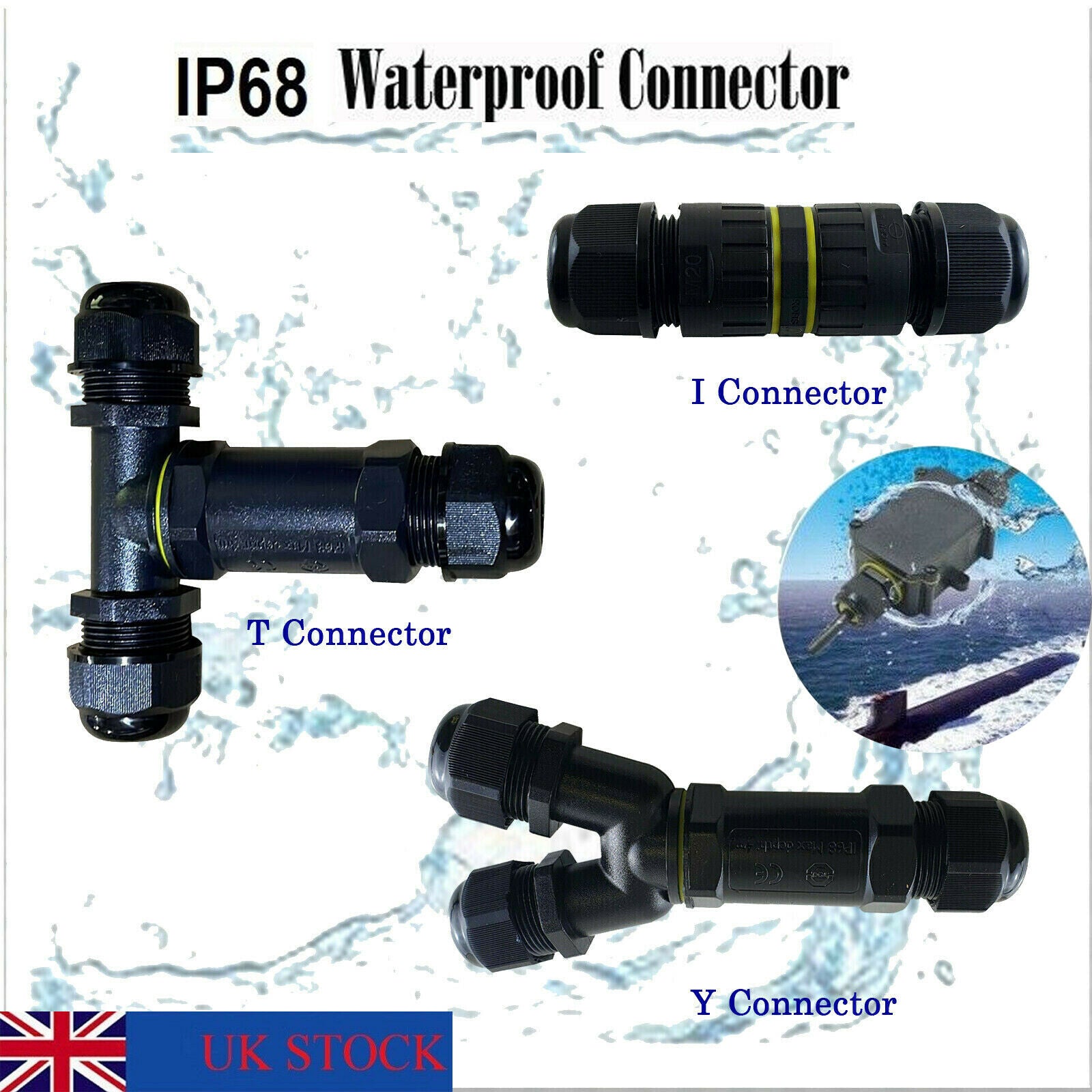IP68 Waterproof Electrical Junction Box Cable Connector with 3-pin design, suitable for outdoor use and various applications.