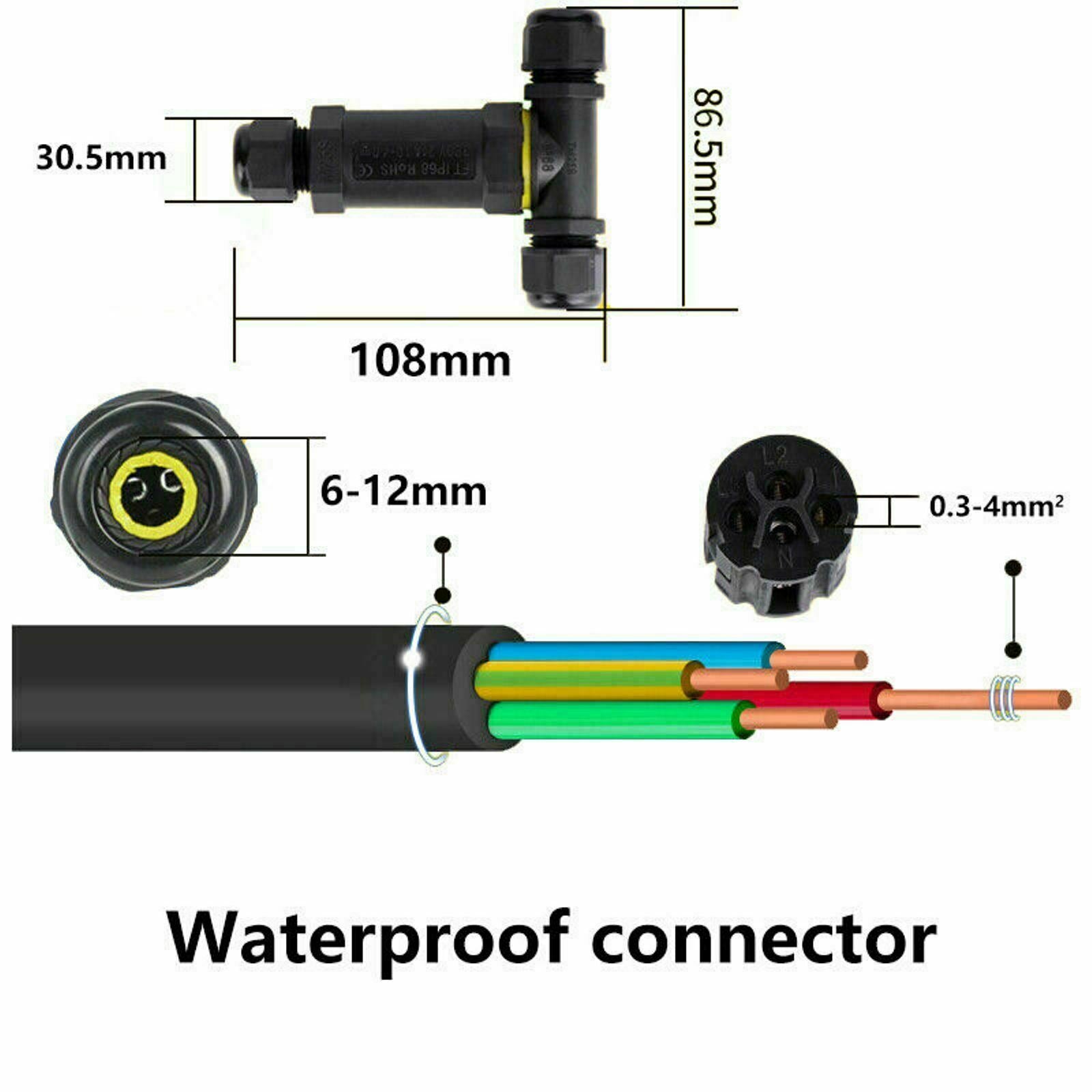 IP68 Waterproof Electrical Junction Box Cable Connector with 3-pin design, suitable for outdoor use and various applications.