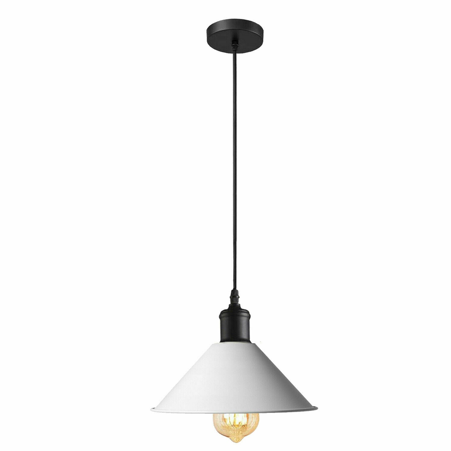 White pendant lamp with industrial design, featuring a sturdy metal construction and a sleek metallic finish, ideal for modern interiors.