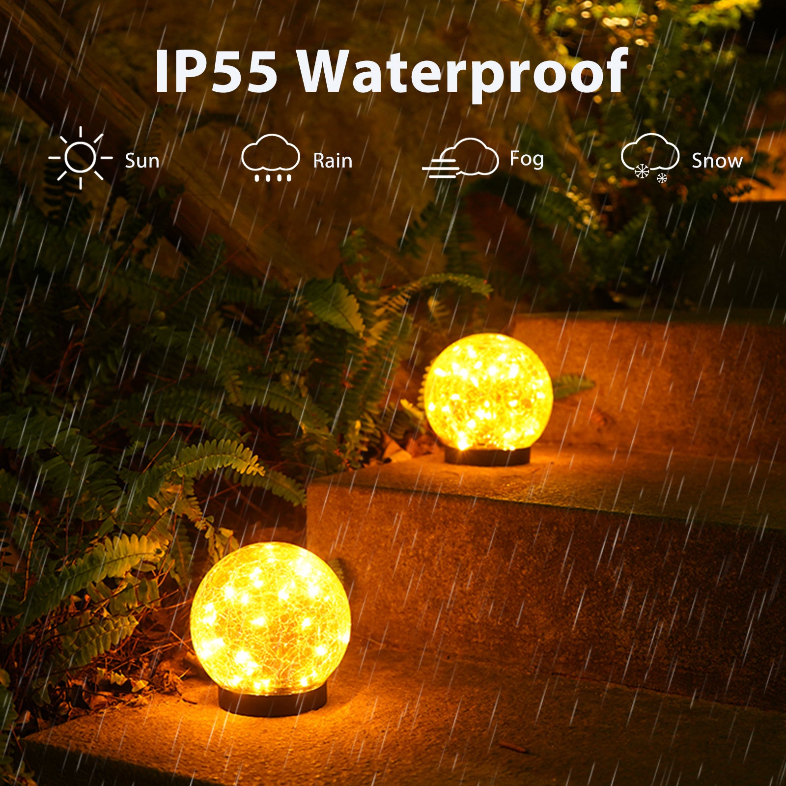 Two WM Solarera waterproof outdoor decorative globe solar lights with a cracked glass design, illuminating a garden at night.