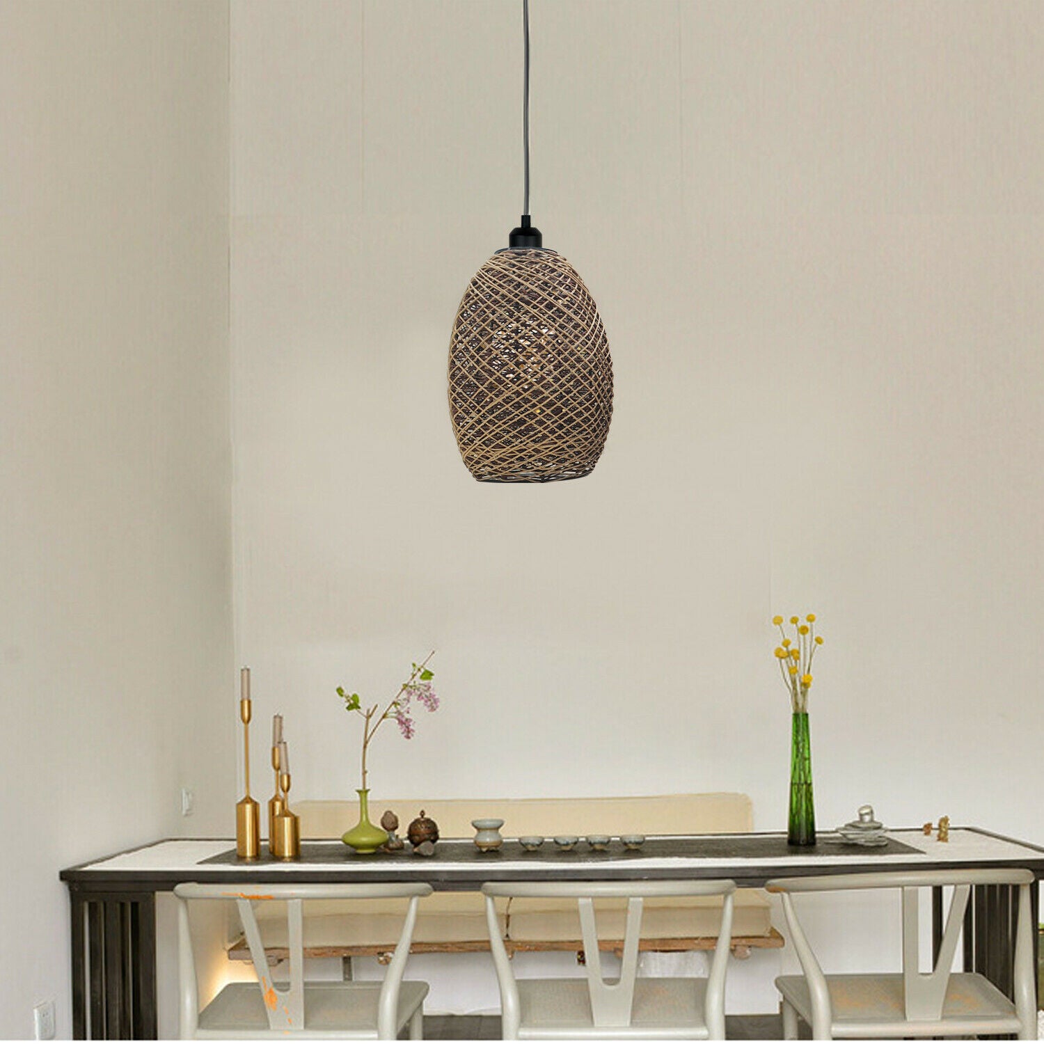 Woven Light Creative Chandeliers in brown and black, showcasing a stylish pendant light design made of metal and rattan.