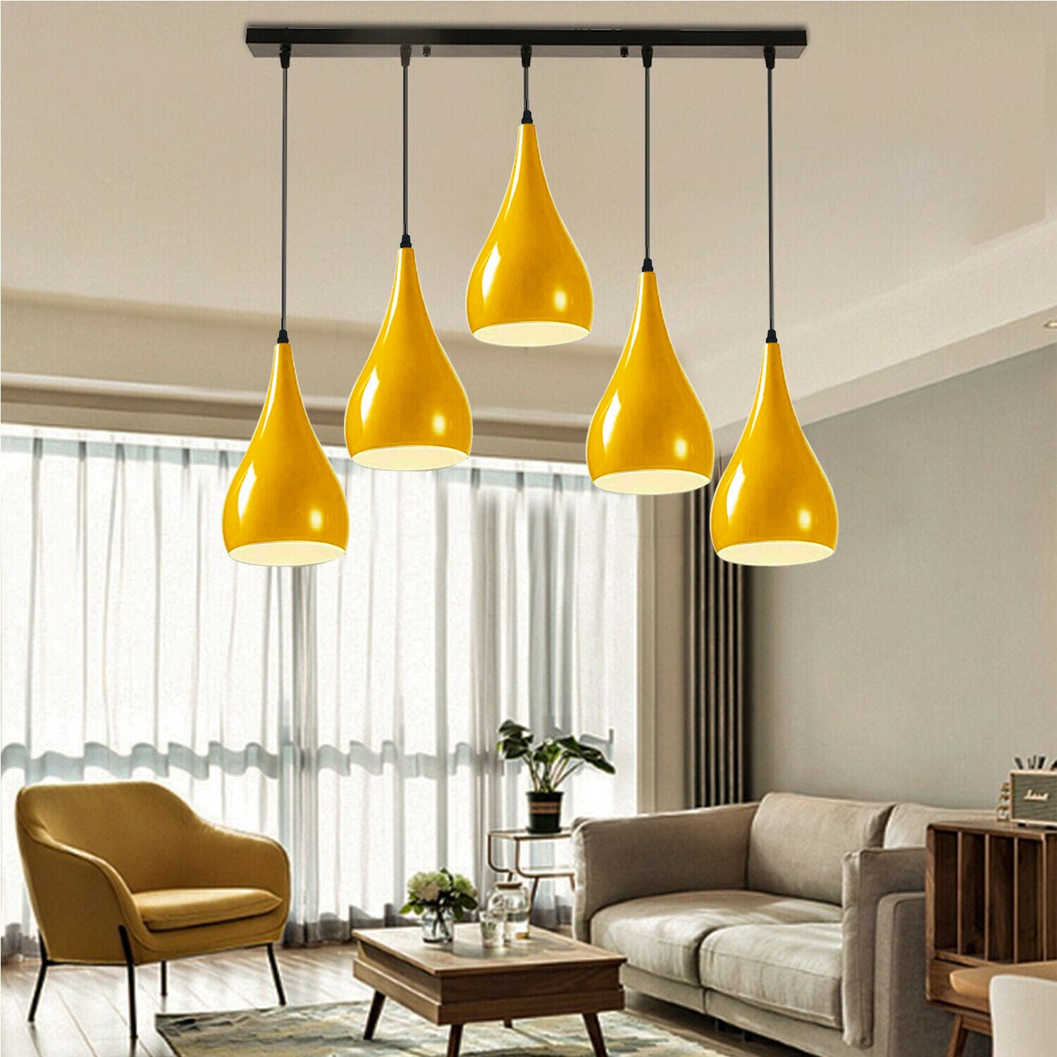 Yellow 5 Outlet Ceiling Light Fixture with black and yellow finish, showcasing a modern pendant design suitable for various interiors.