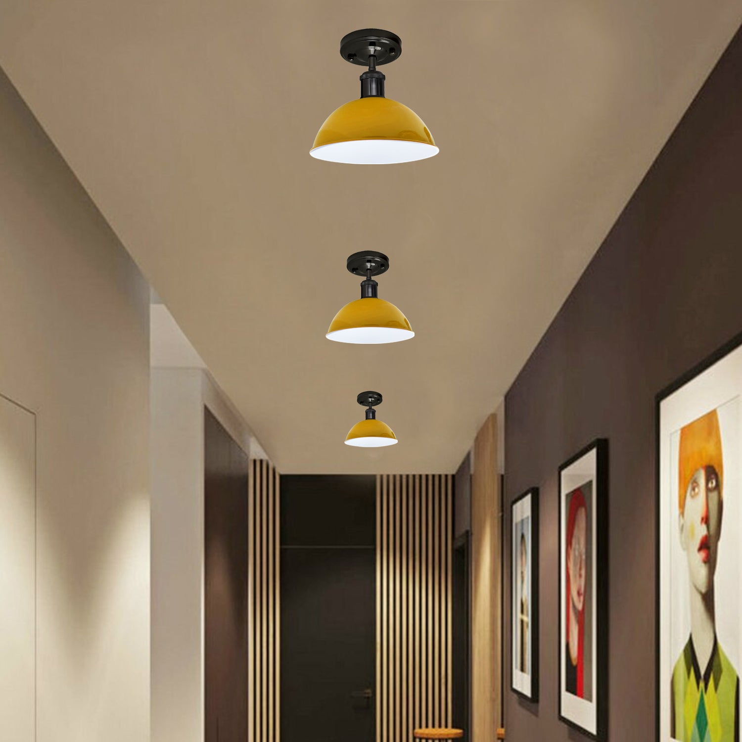 Yellow Metal Ceiling Mounted Lamp with shiny black and yellow finish, designed for bright lighting and home decor.