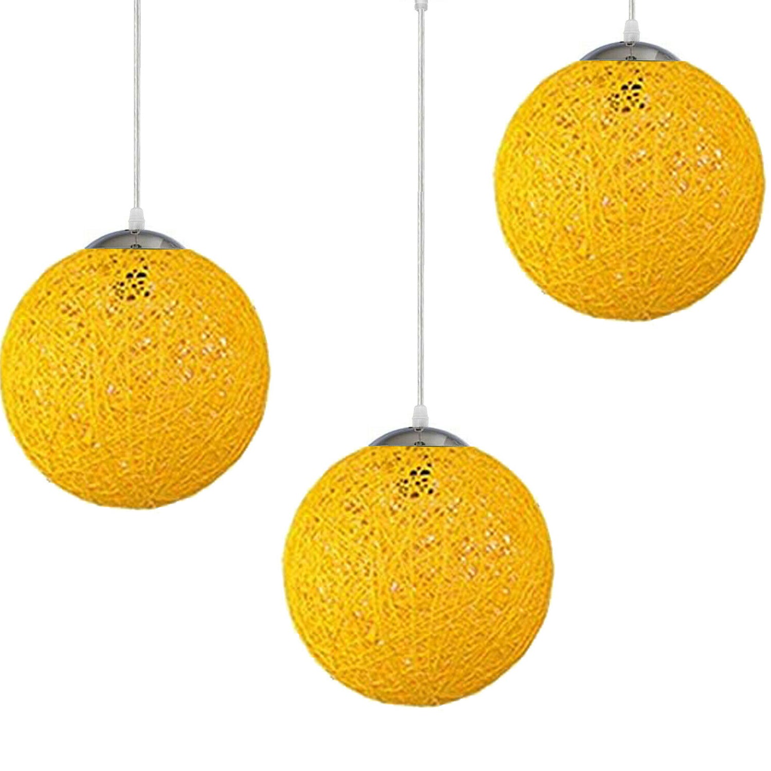 Yellow modern lattice wicker rattan globe ball ceiling pendant light, showcasing its intricate design and warm glow.