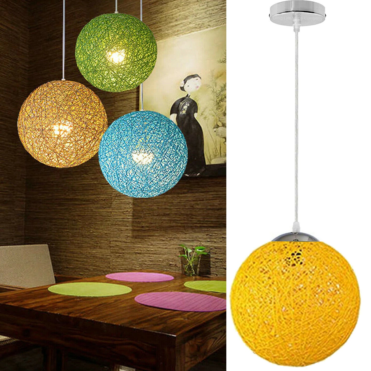 Yellow modern lattice wicker rattan globe ball ceiling pendant light, showcasing its intricate design and warm glow.