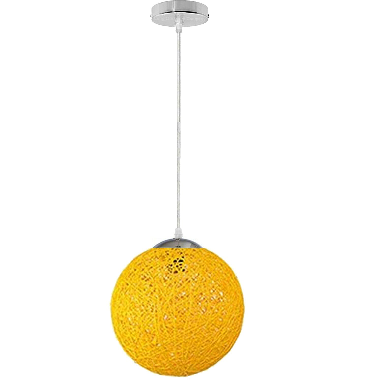 Yellow modern lattice wicker rattan globe ball style ceiling pendant light, showcasing its intricate design and warm glow.