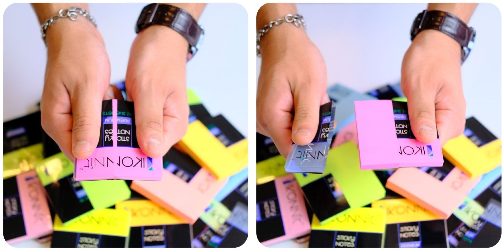 An 8 pack of 3x3 bright color self-stick sticky notes in various vibrant shades including pink, blue, yellow, green, orange, magenta, and purple, displayed in a compact box.