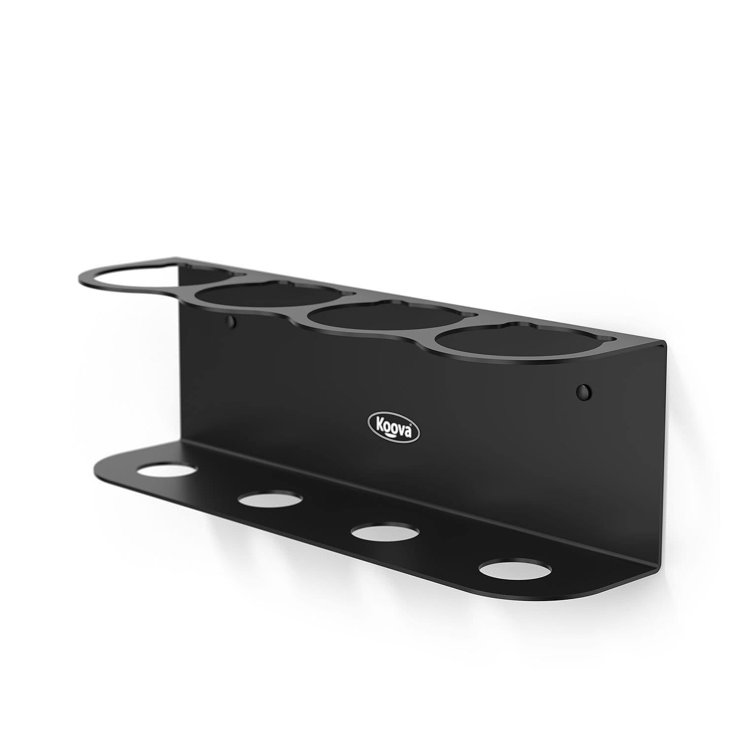 Koova Aerosol Spray Can Holder designed to hold 4 cans, featuring heavy-duty steel construction with a matte black finish and notch cutouts for easy access.