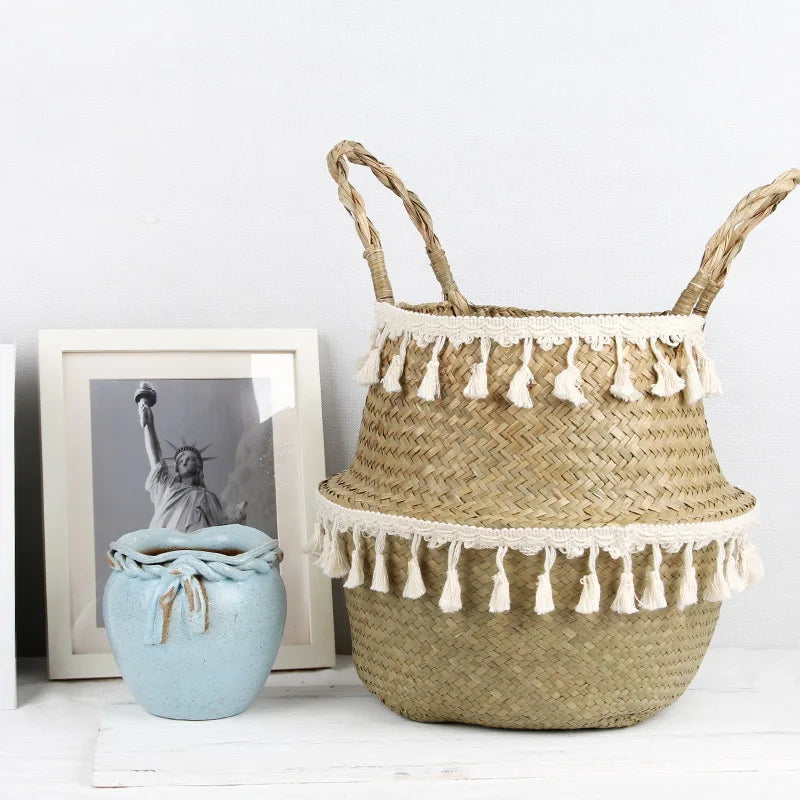 A collection of beautifully handcrafted Boho Decor Wicker Baskets in various sizes, showcasing their intricate weaving and natural rope material.