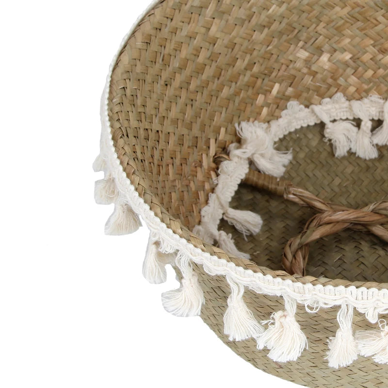 A collection of beautifully handcrafted Boho Decor Wicker Baskets in various sizes, showcasing their intricate weaving and natural rope material.