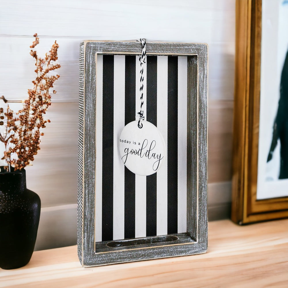 Good Day Stripes wooden tray featuring a black and white design with the phrase 'Today is a good day' on one side.