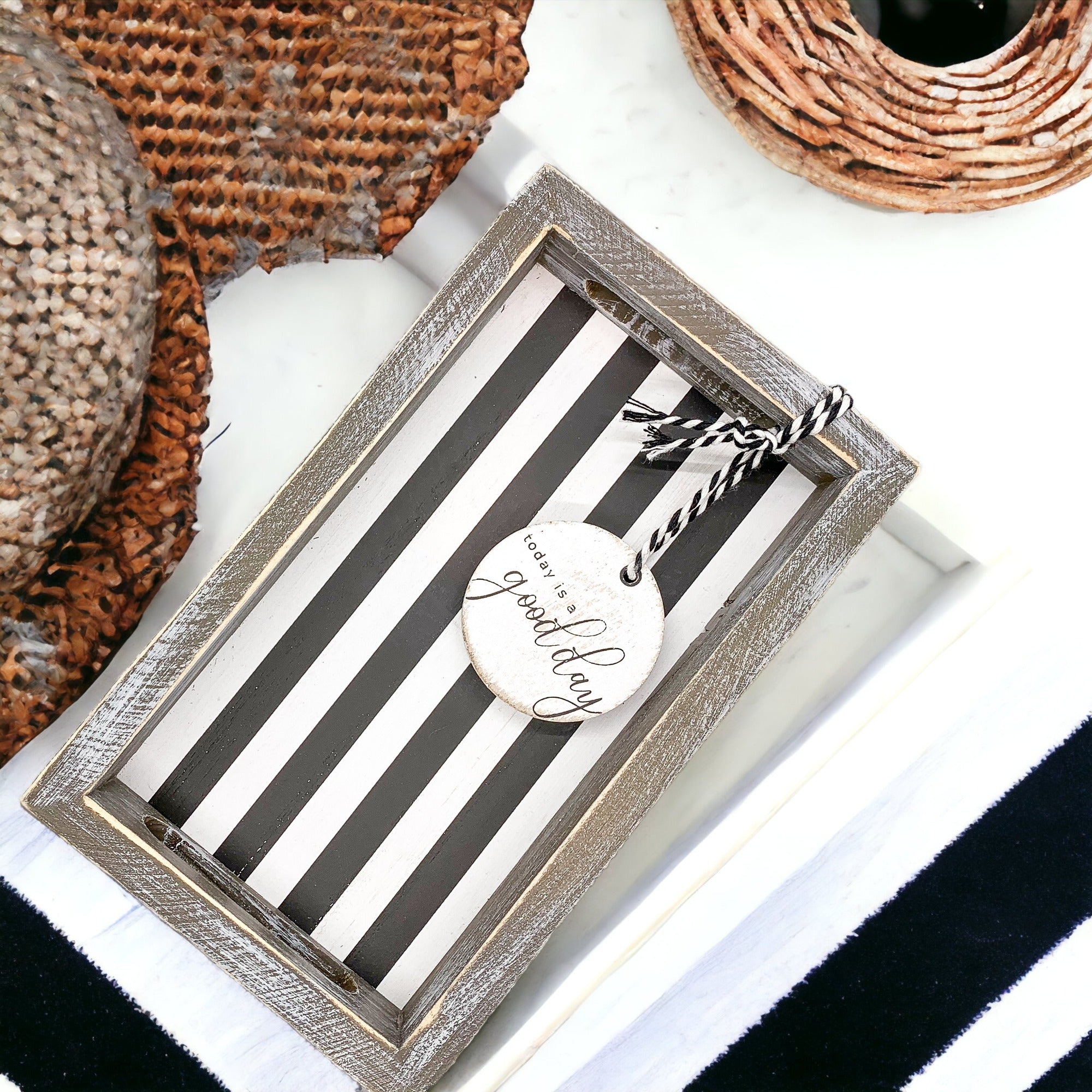 Good Day Stripes wooden tray featuring a black and white design with the phrase 'Today is a good day' on one side.