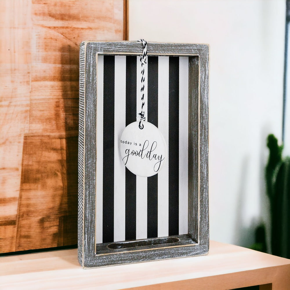 Good Day Stripes wooden tray featuring a black and white design with the phrase 'Today is a good day' on one side.
