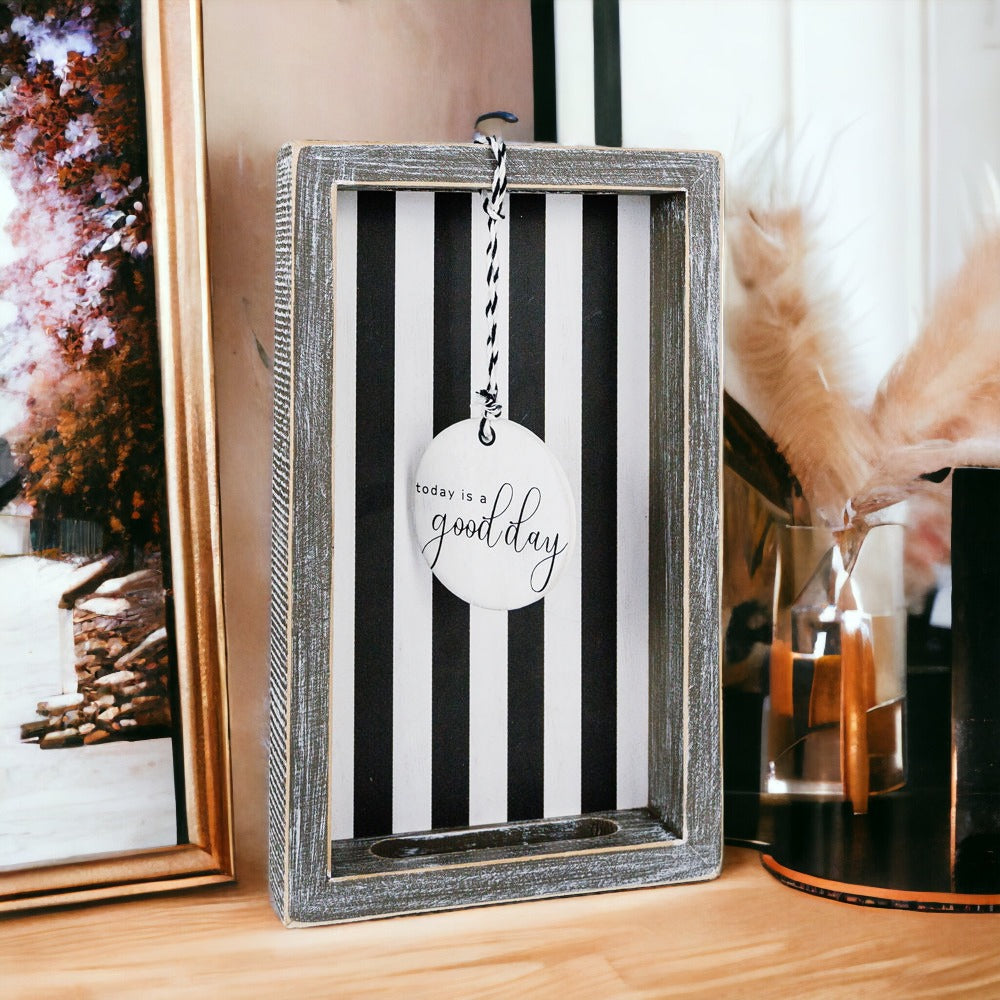 Good Day Stripes wooden tray featuring a black and white design with the phrase 'Today is a good day' on one side.