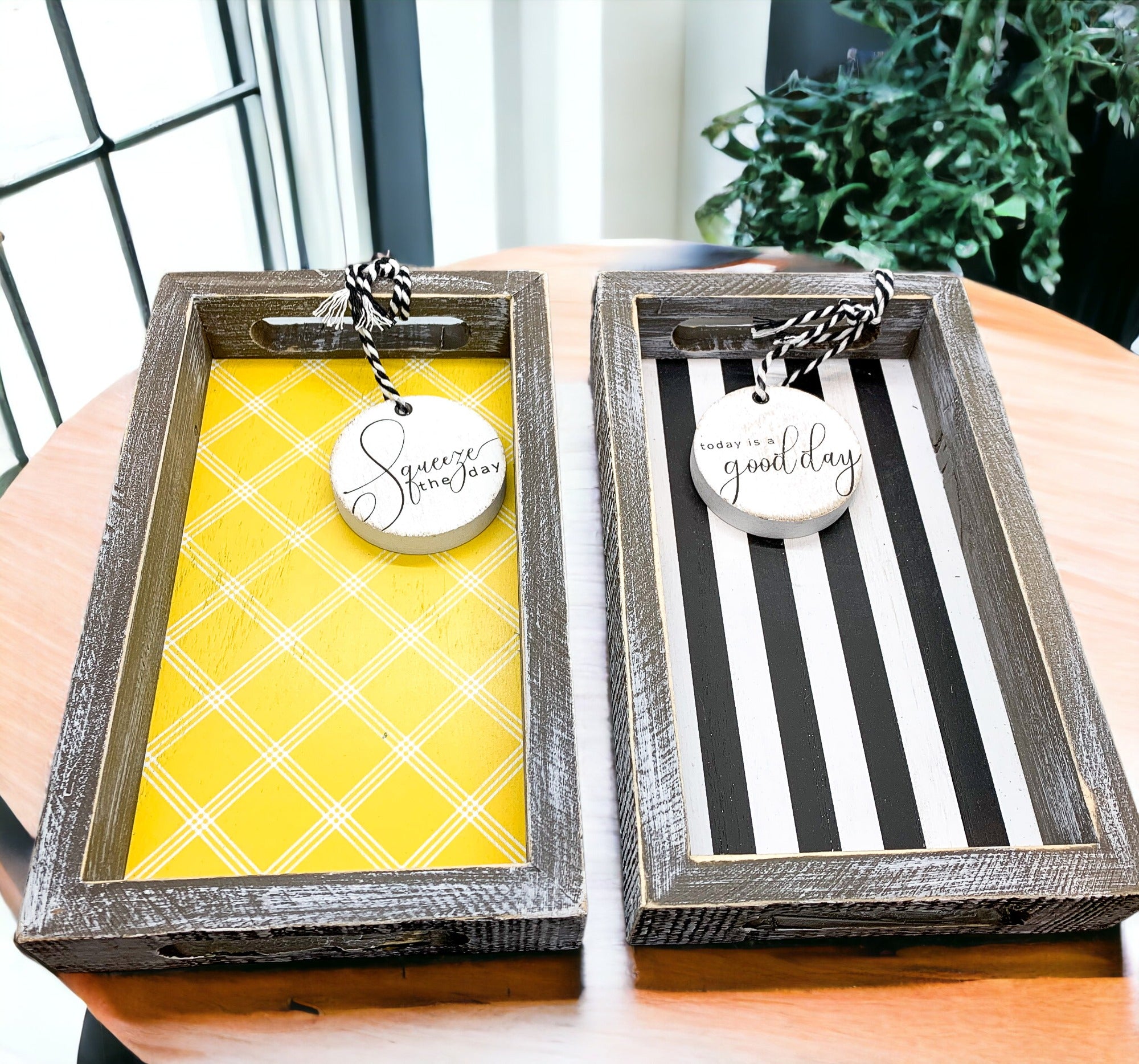 Good Day Stripes wooden tray featuring a black and white design with the phrase 'Today is a good day' on one side.