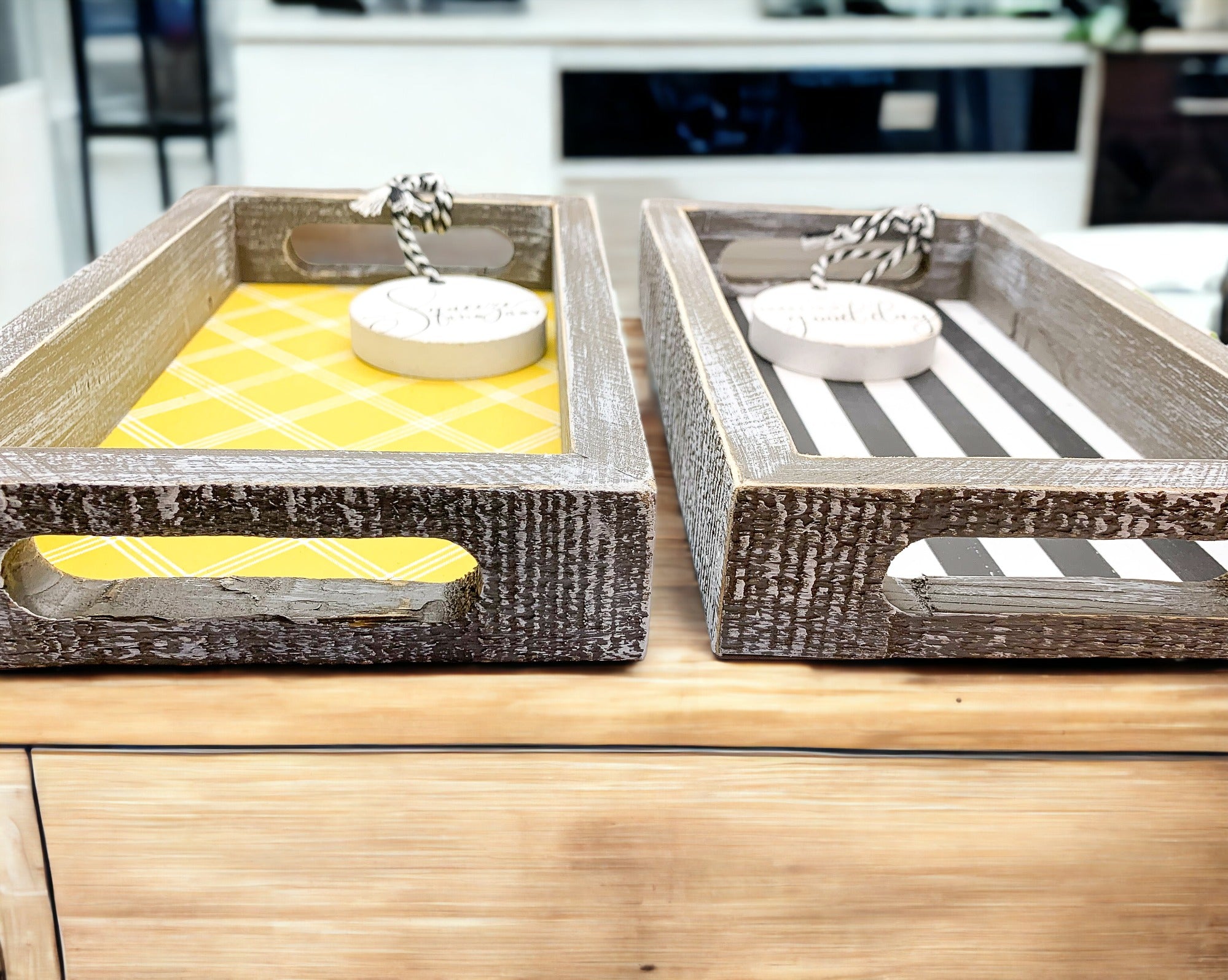 Good Day Stripes wooden tray featuring a black and white design with the phrase 'Today is a good day' on one side.