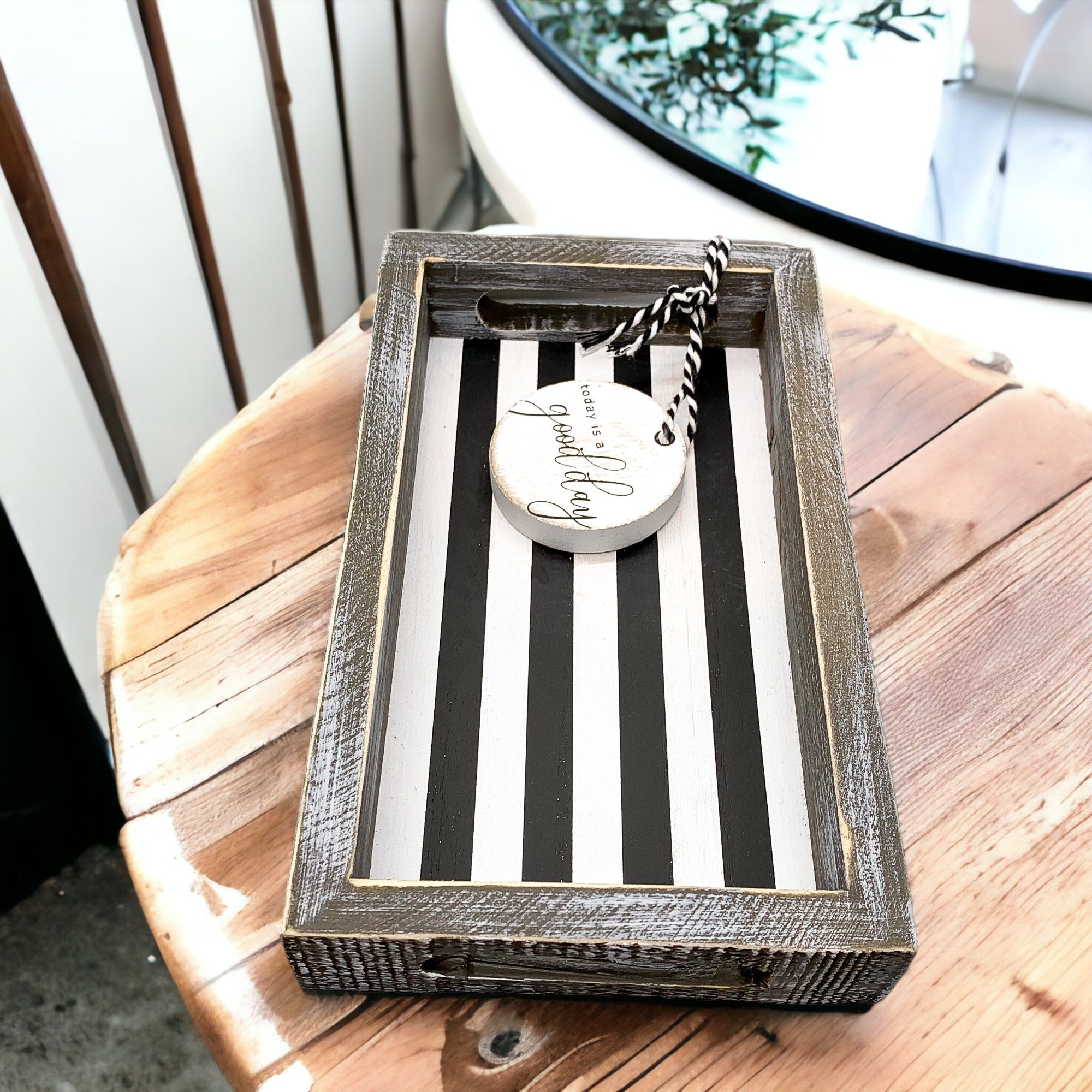 Good Day Stripes wooden tray featuring a black and white design with the phrase 'Today is a good day' on one side.