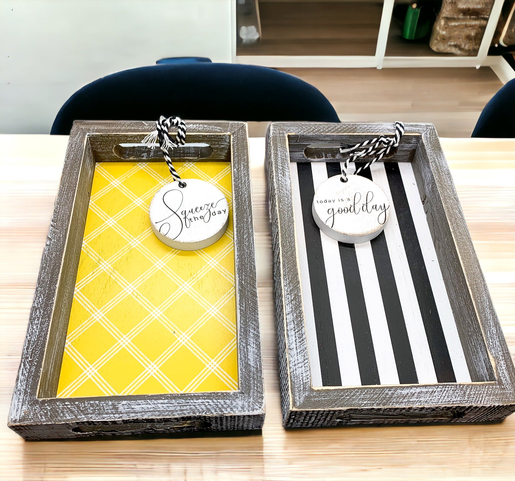 Good Day Stripes wooden tray featuring a black and white design with the phrase 'Today is a good day' on one side.