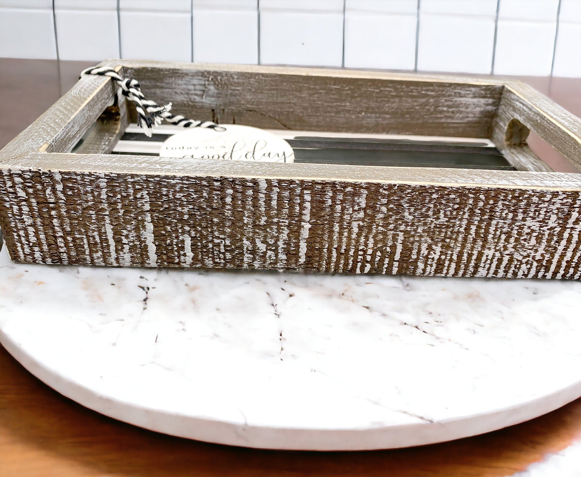 Good Day Stripes wooden tray featuring a black and white design with the phrase 'Today is a good day' on one side.